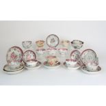 A COLLECTION OF TEA BOWLS AND SAUCERS each with pink scale and floral decoration including New Hall;