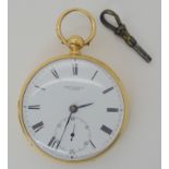 AN 18CT GOLD OPEN FACE POCKET WATCH with a white enamelled dial black Roman numerals, and subsidiary