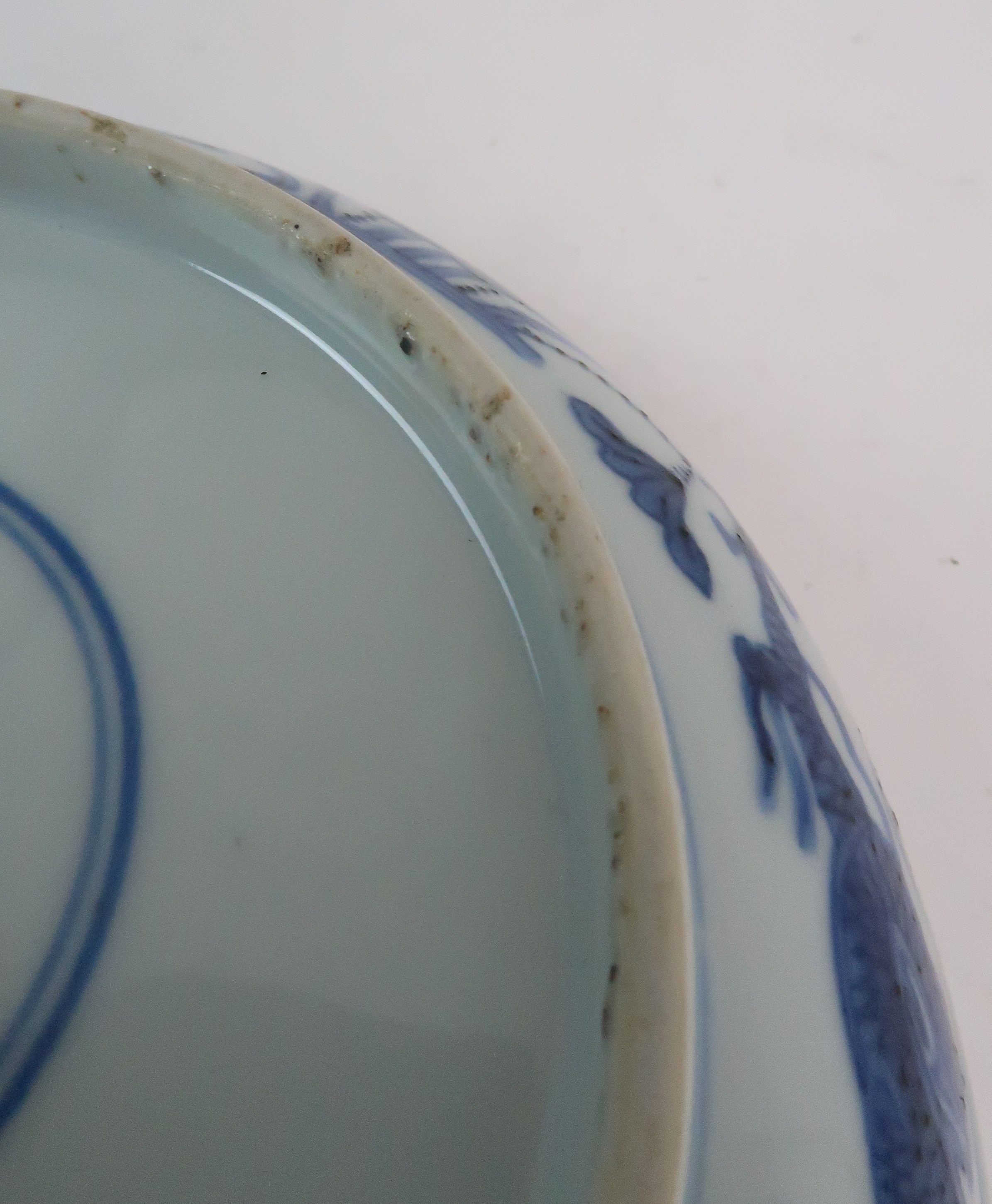 A CHINESE BLUE AND WHITE DISH painted with dragons amongst aquatic foliage, within a scrolling - Image 6 of 6