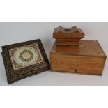 A WALNUT MANICURE BOX with shaped and hinged lid, lacking contents, 22cm wide, a Victorian papier