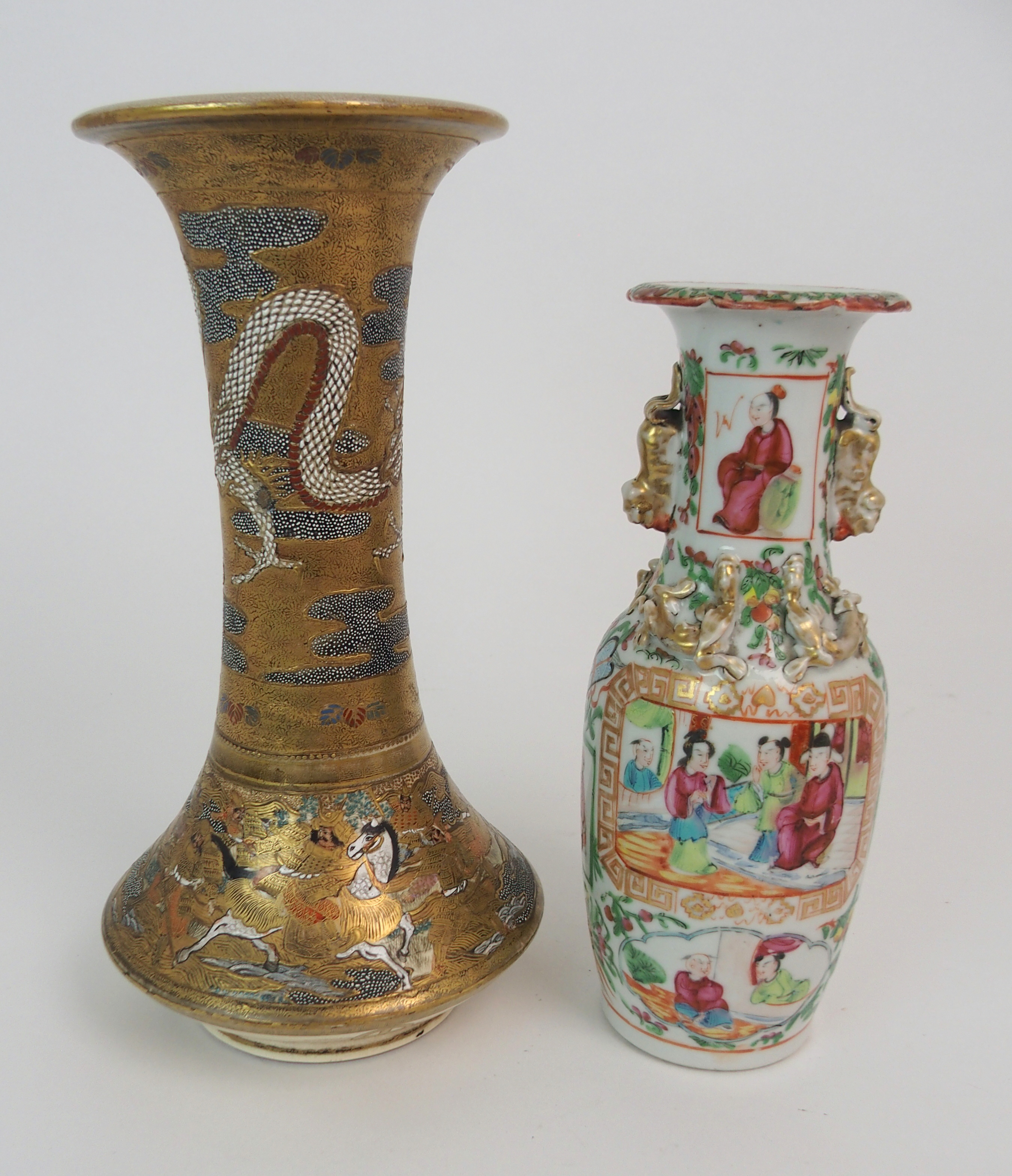 A SATSUMA TRUMPET SHAPED VASE painted with a dragon above warriors in conflict, gilt mon to vase - Image 3 of 11