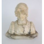 AN ALABASTER BUST OF A GIRL IN A HEAD SCARF upon shaped base, 25cm high Condition Report: