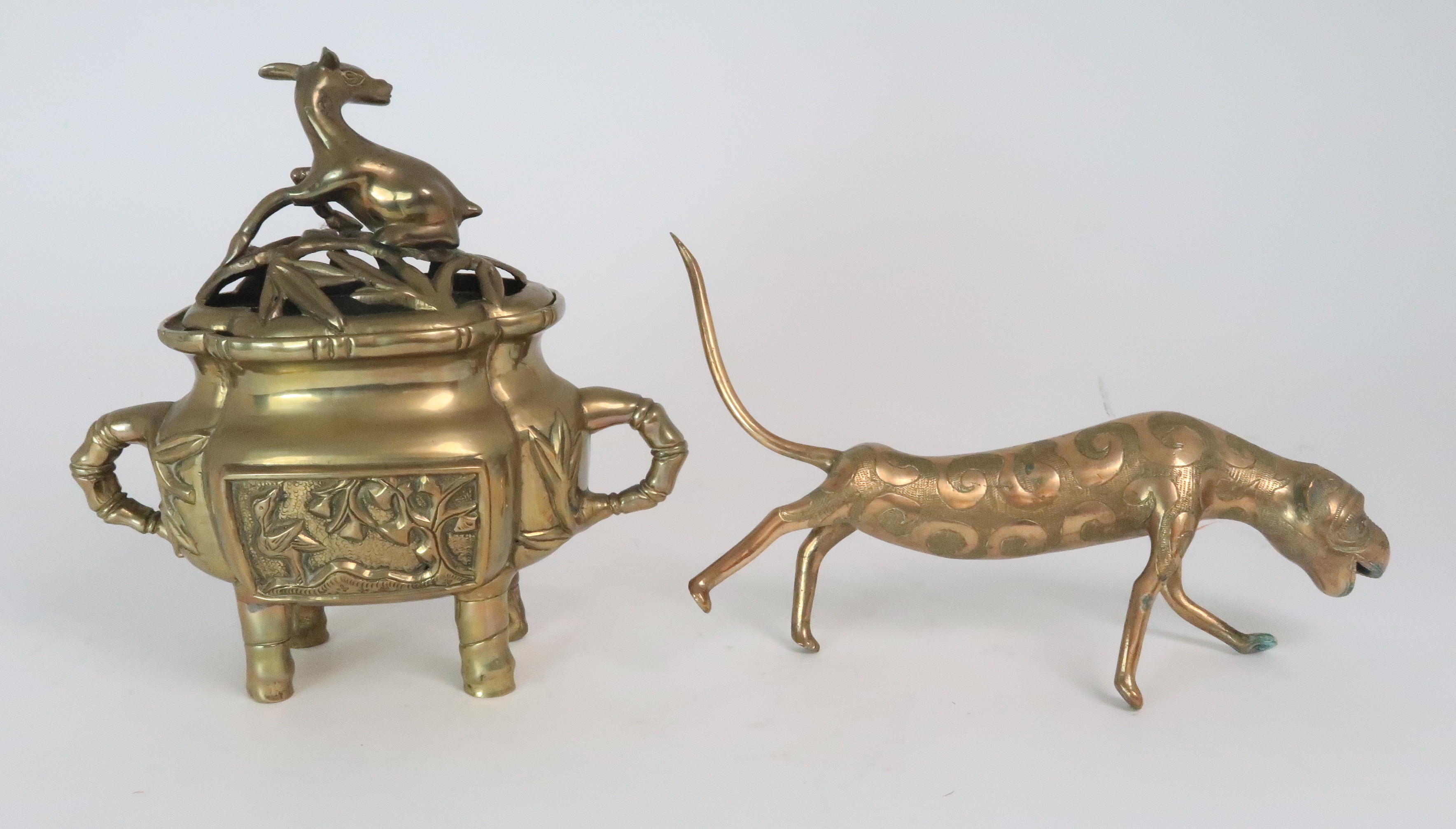 *WITHDRAWN* A CHINESE BRASS CENSOR AND OIERCED COVER cast with deer finial above panels of animals - Image 3 of 7