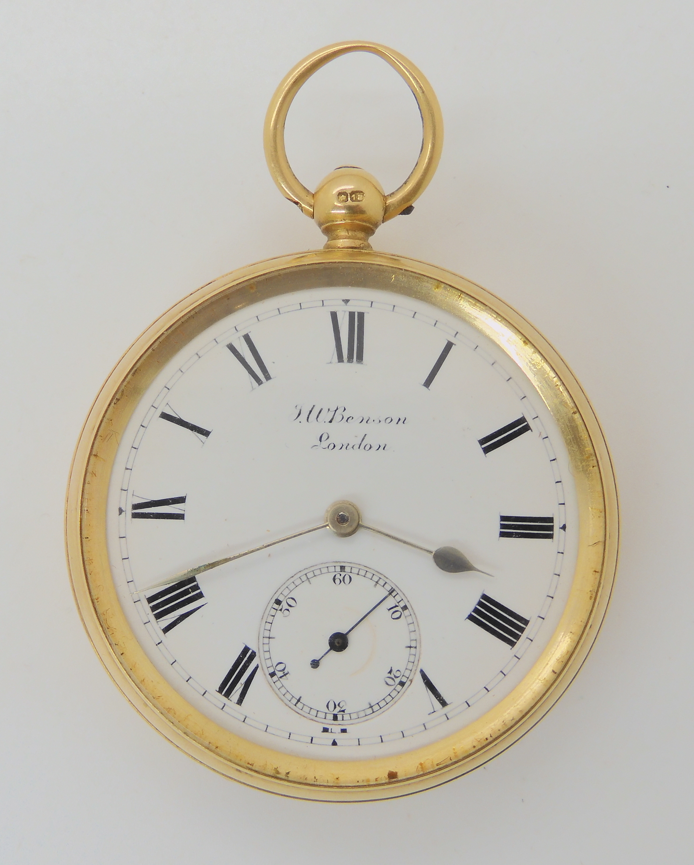 AN 18CT GOLD J.W.BENSON OPEN FACE POCKET WATCH classic white enamelled dial with black Roman