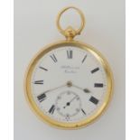 AN 18CT GOLD J.W.BENSON OPEN FACE POCKET WATCH classic white enamelled dial with black Roman
