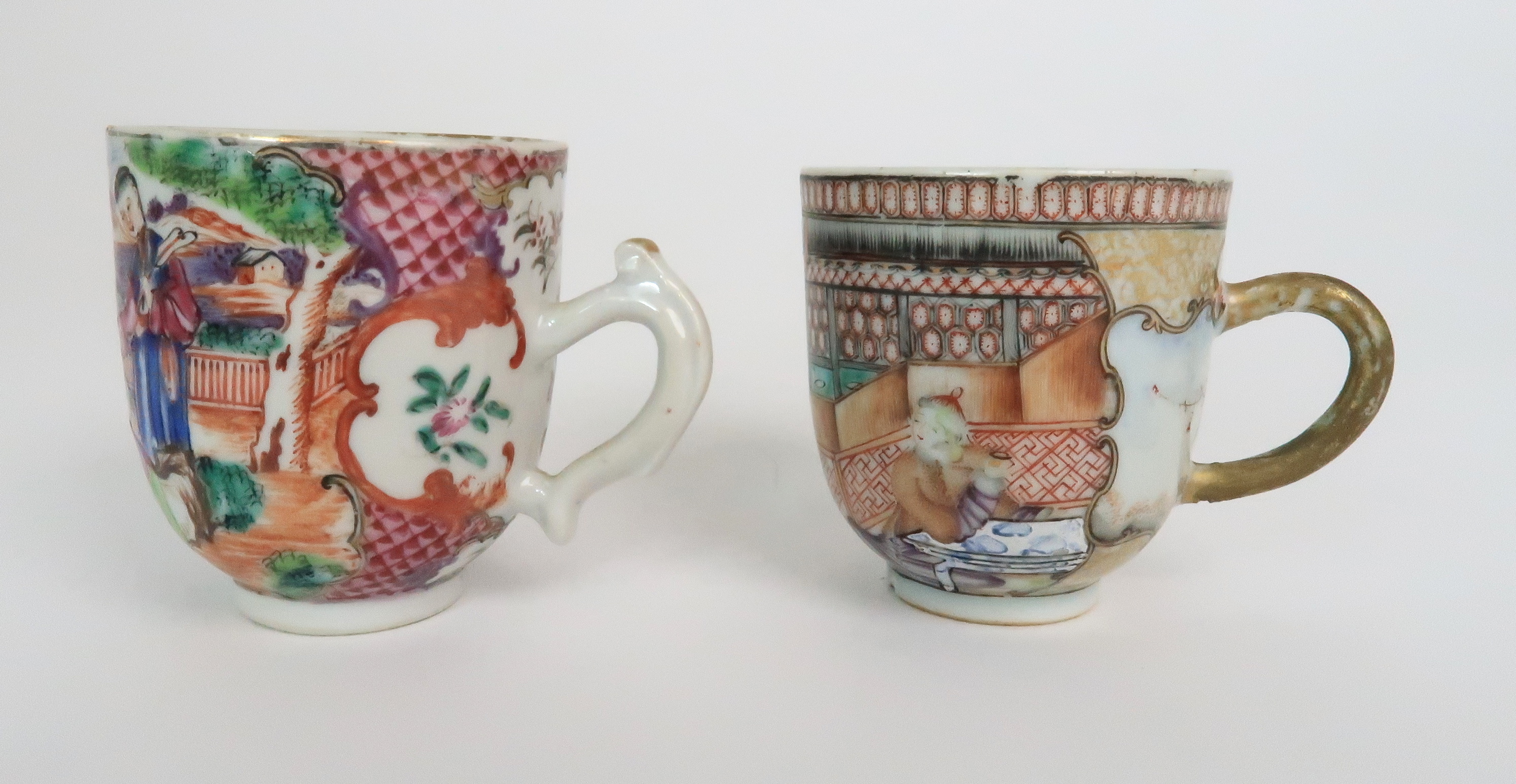 *WITHDRAWN* TWO CHINESE EXPORT FAMILLE ROSE CUPS one painted with figures at tables on balconies