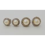 TWO PAIRS OF PEARL AND DIAMOND STUD EARRINGS the larger pair is set with estimated approx 0.16cts of