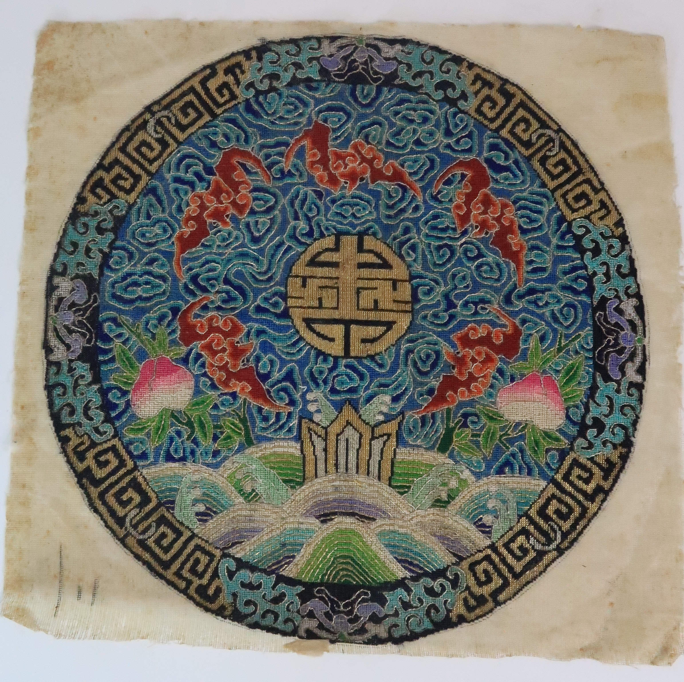 *WITHDRAWN* A PAIR OF CHINESE SILK AND METAL THREAD ROUNDELS with Fu symbol for longevity - Image 5 of 9