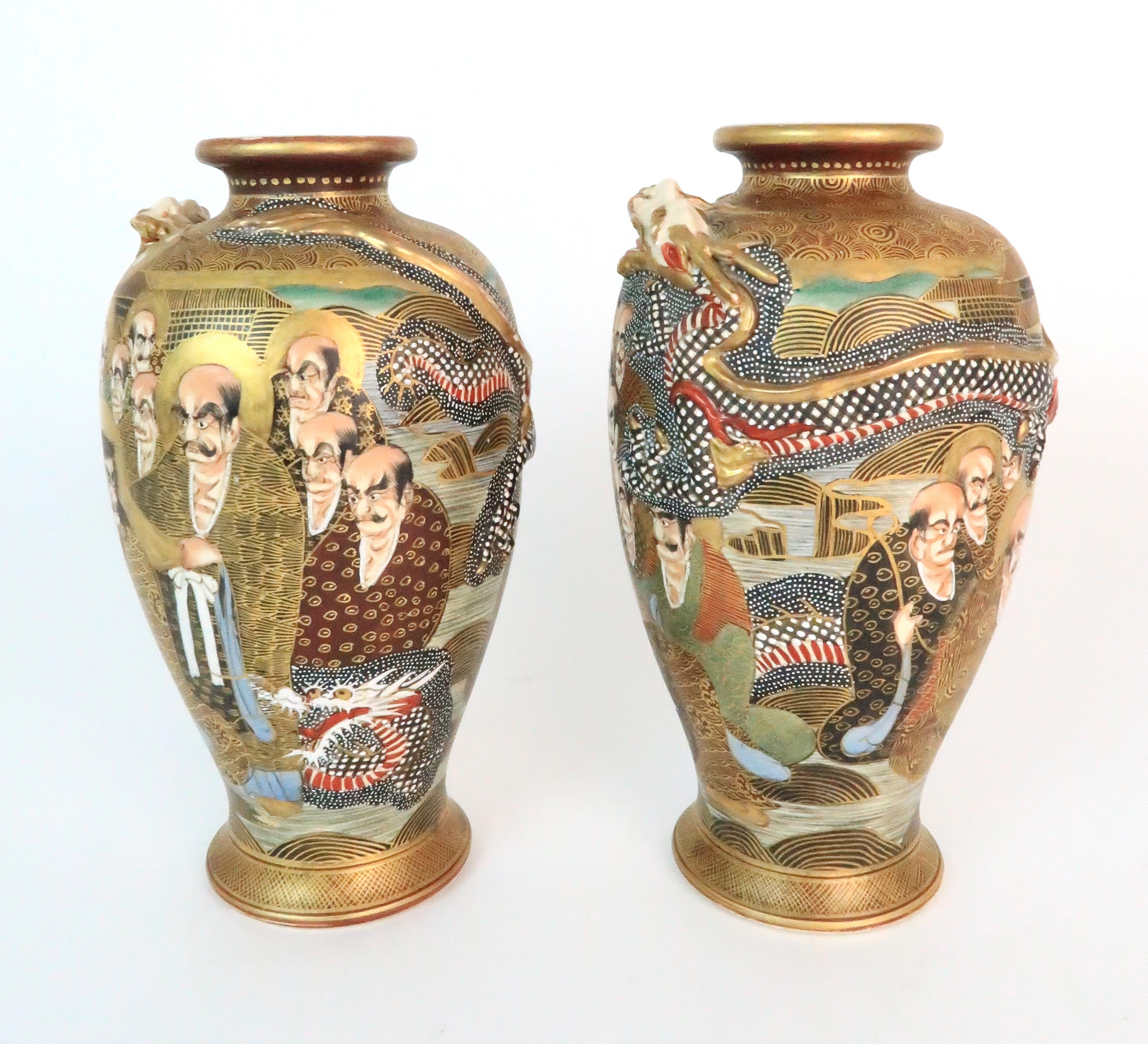 A PAIR OF SATSUMA BALUSTER VASES each applied with sinuous dragons coiled around the bodies and - Image 2 of 10