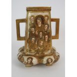 A SATSUMA SQUARE TAPERING TWO HANDLED VASE painted with mythical gods on a gilt ground, beneath