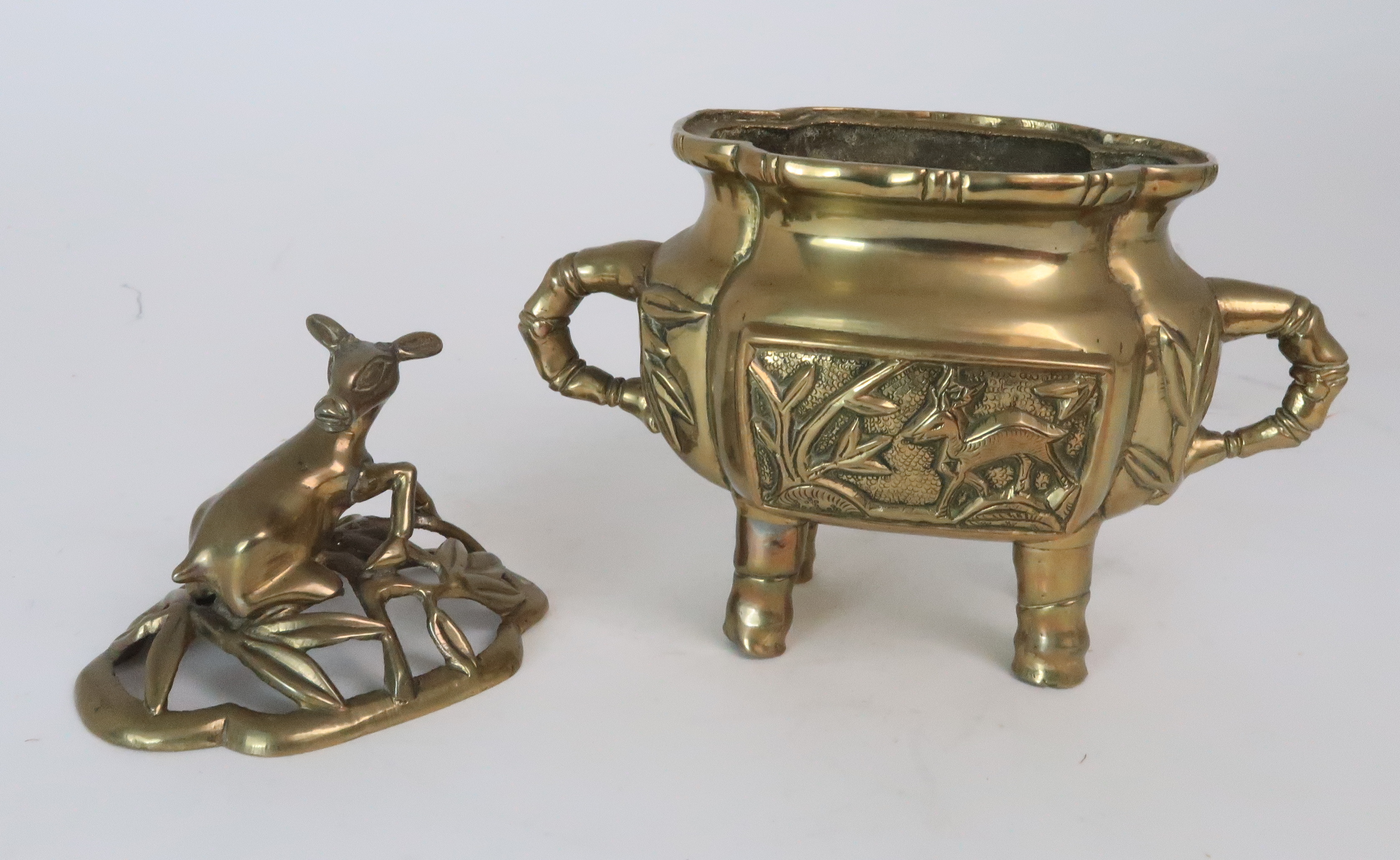 *WITHDRAWN* A CHINESE BRASS CENSOR AND OIERCED COVER cast with deer finial above panels of animals - Image 5 of 7