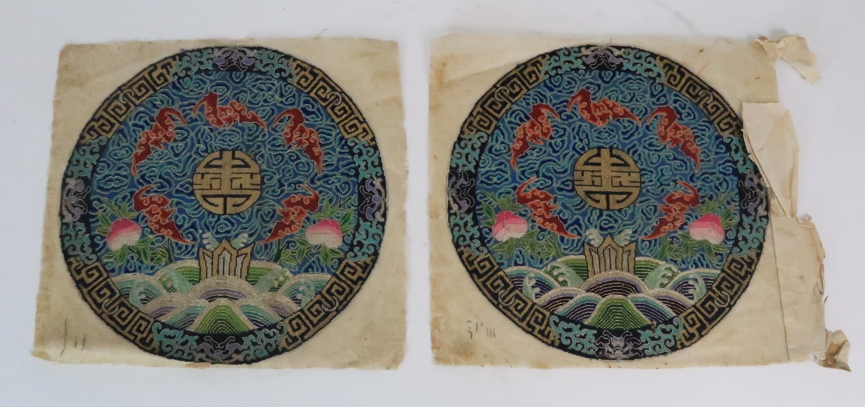*WITHDRAWN* A PAIR OF CHINESE SILK AND METAL THREAD ROUNDELS with Fu symbol for longevity