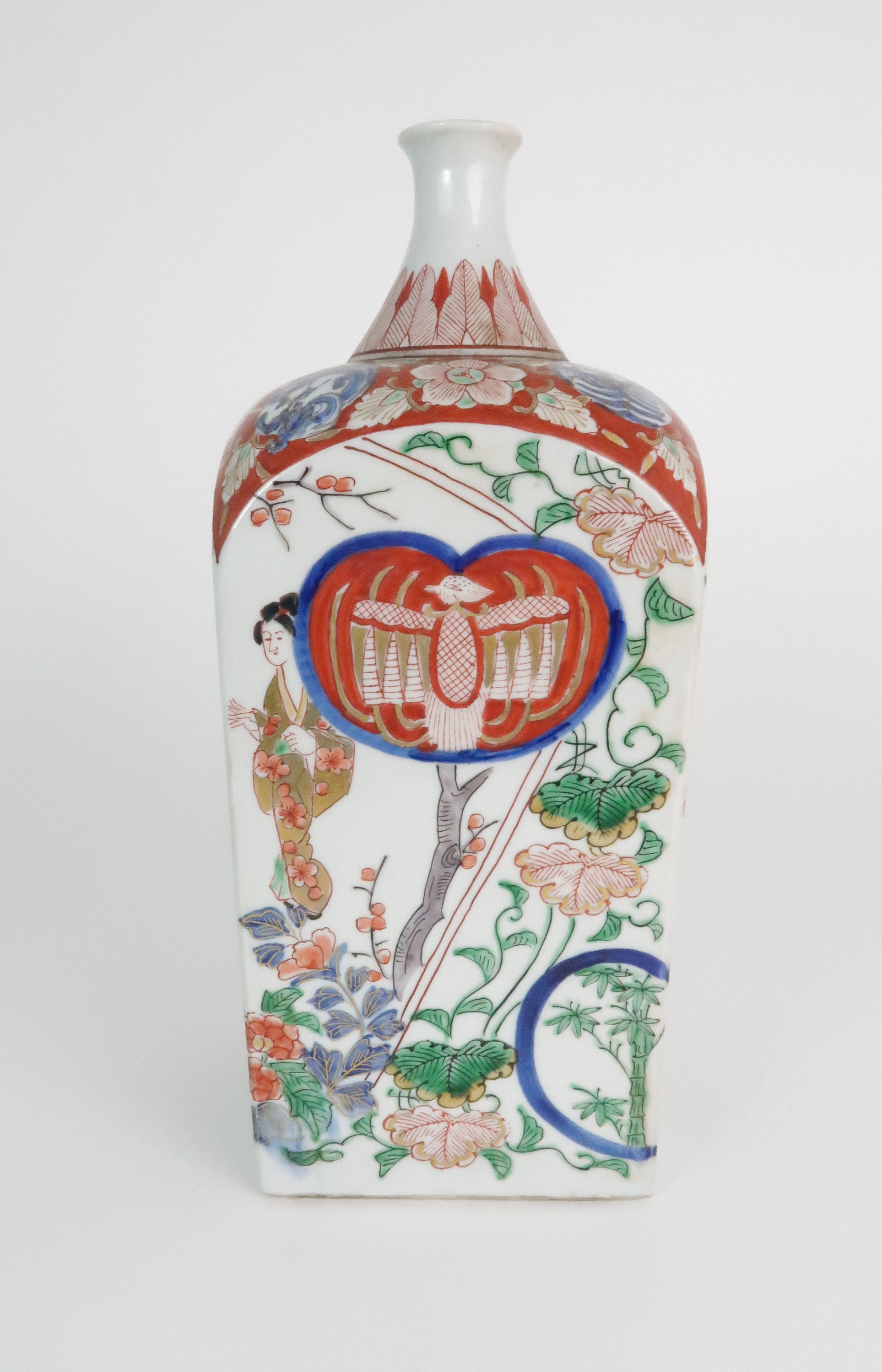 AN IMARI SQUARE BOTTLE VASE painted with panels of figures, bats and foliage, 29cm high, Chinese tea - Image 10 of 13