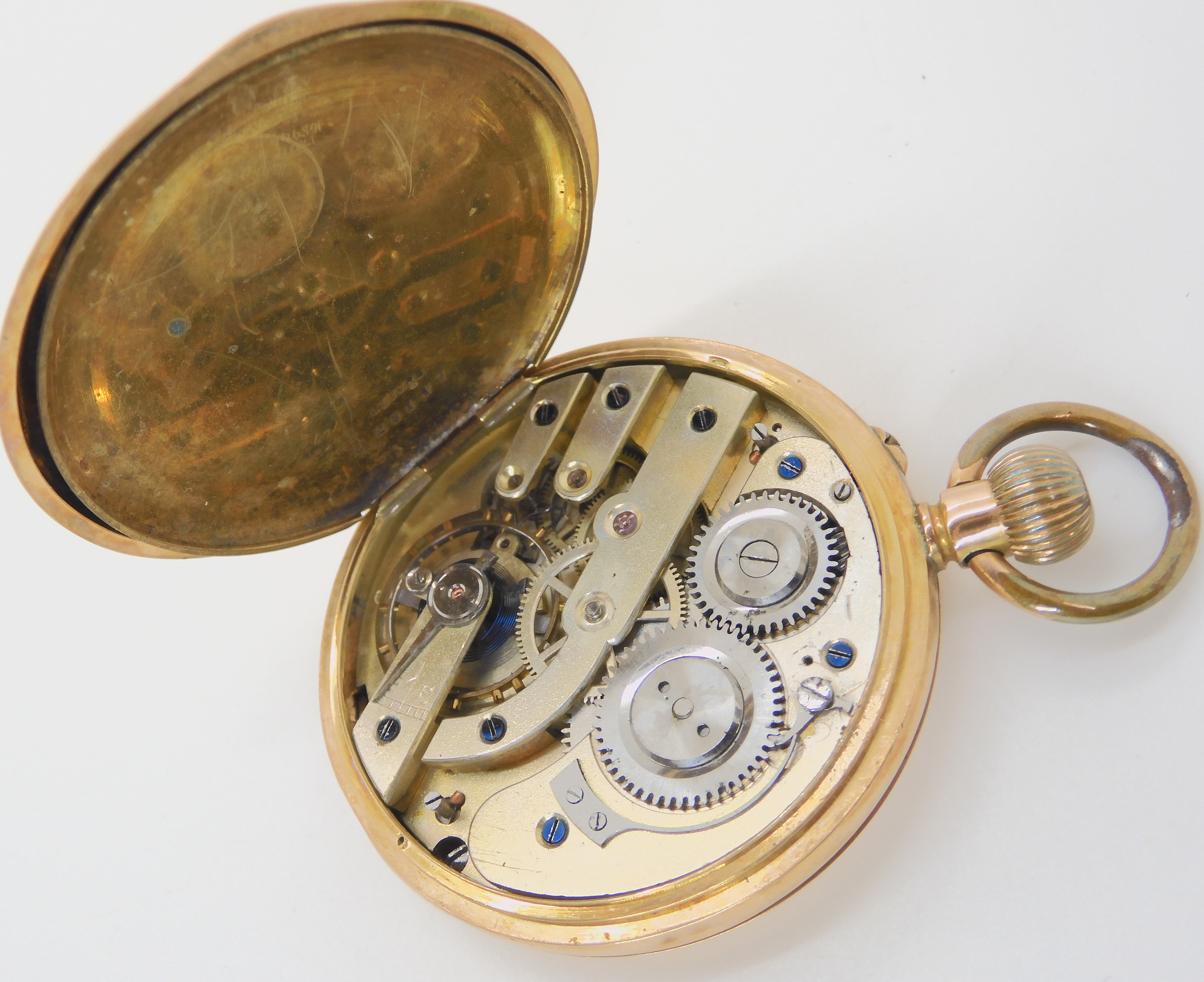 A SWISS 14K GOLD FULL HUNTER POCKET WATCH with squirrel hallmark. White enamelled dial, black - Bild 6 aus 6