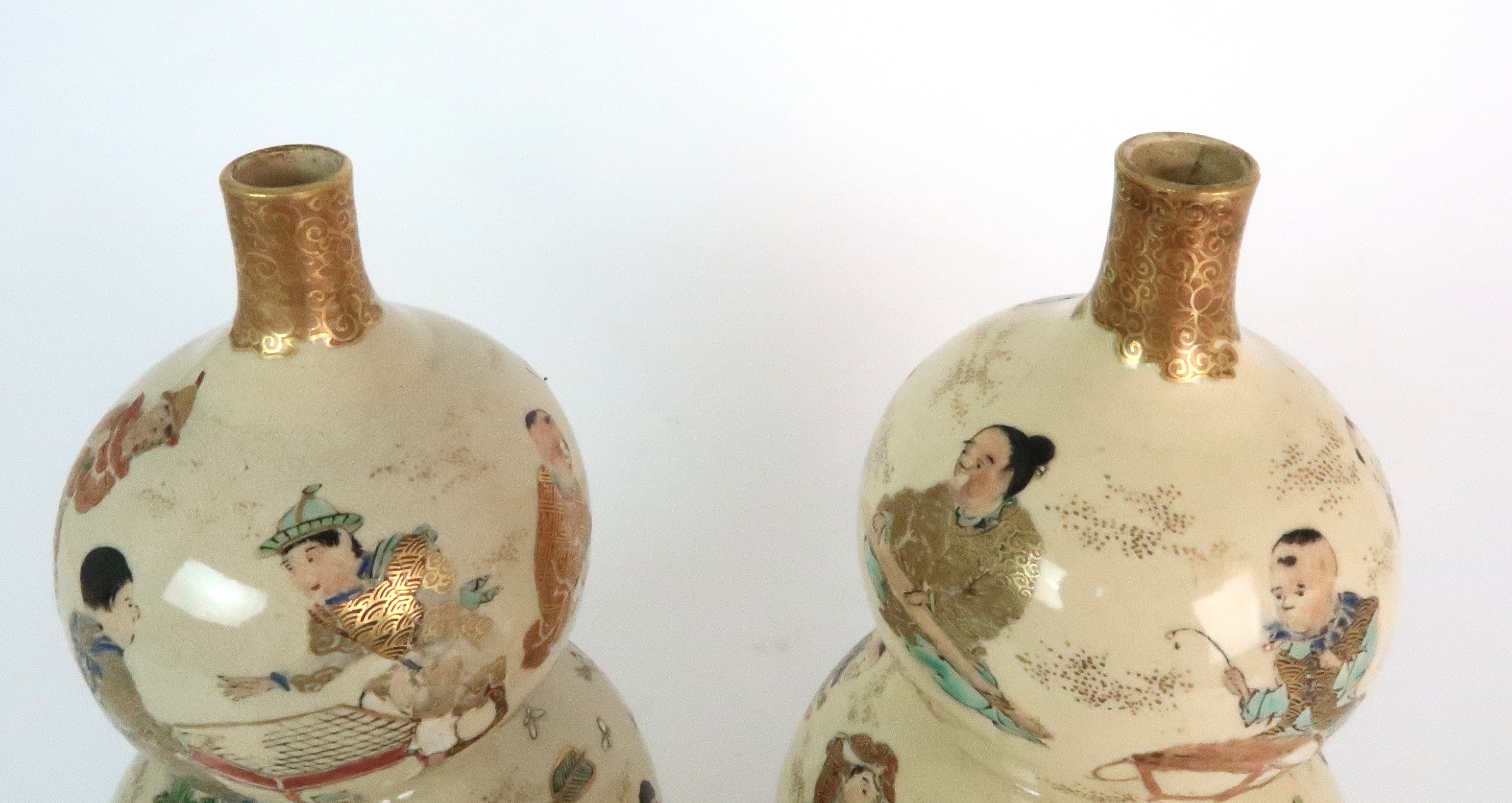 A PAIR OF SATSUMA DOUBLE GOURD VASES each painted with figures playing in gardens, with red and gilt - Image 6 of 12