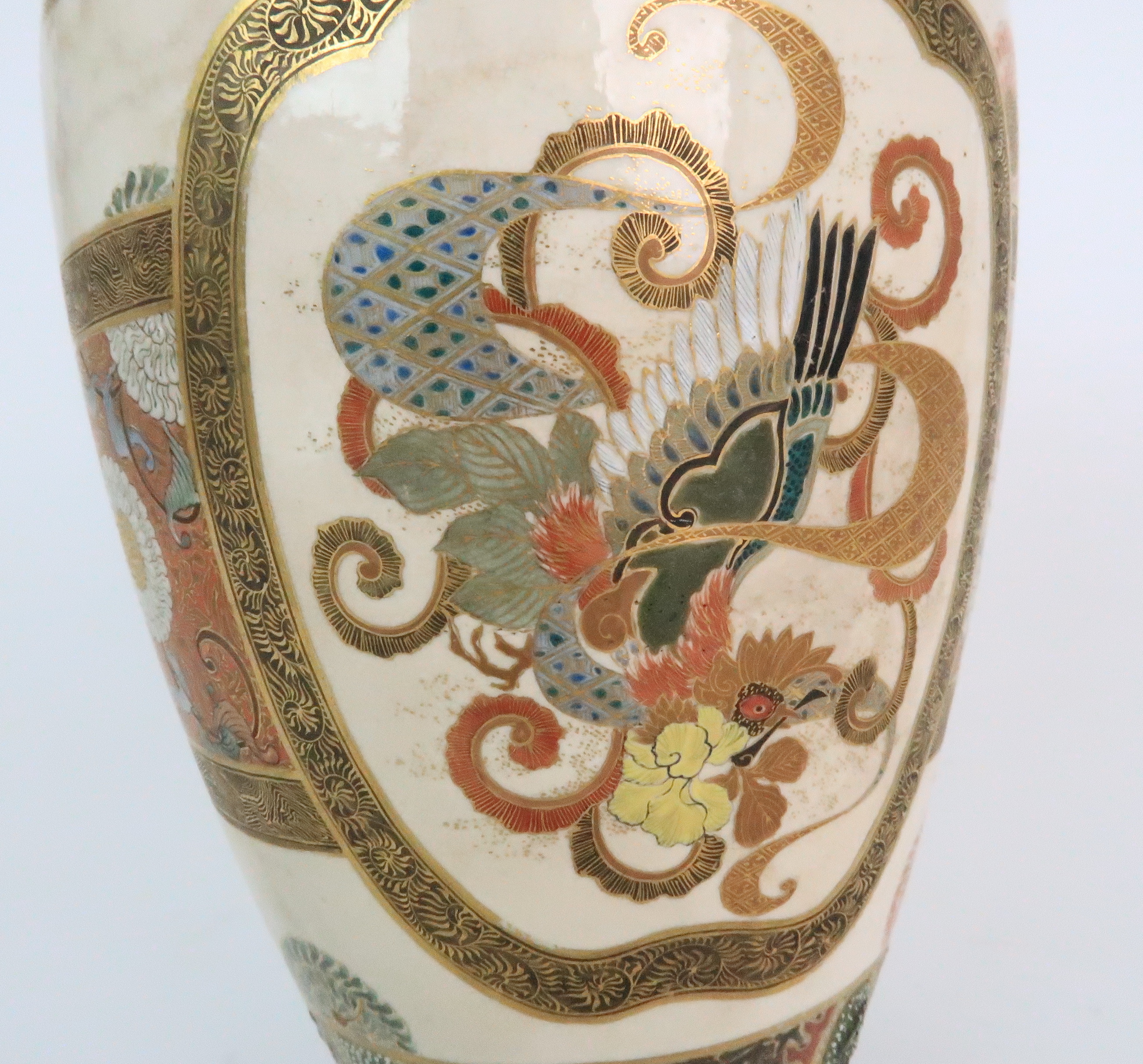 A SATSUMA BALUSTER VASE painted with panels of figures and Ho-o bird divided by a band of - Image 10 of 12
