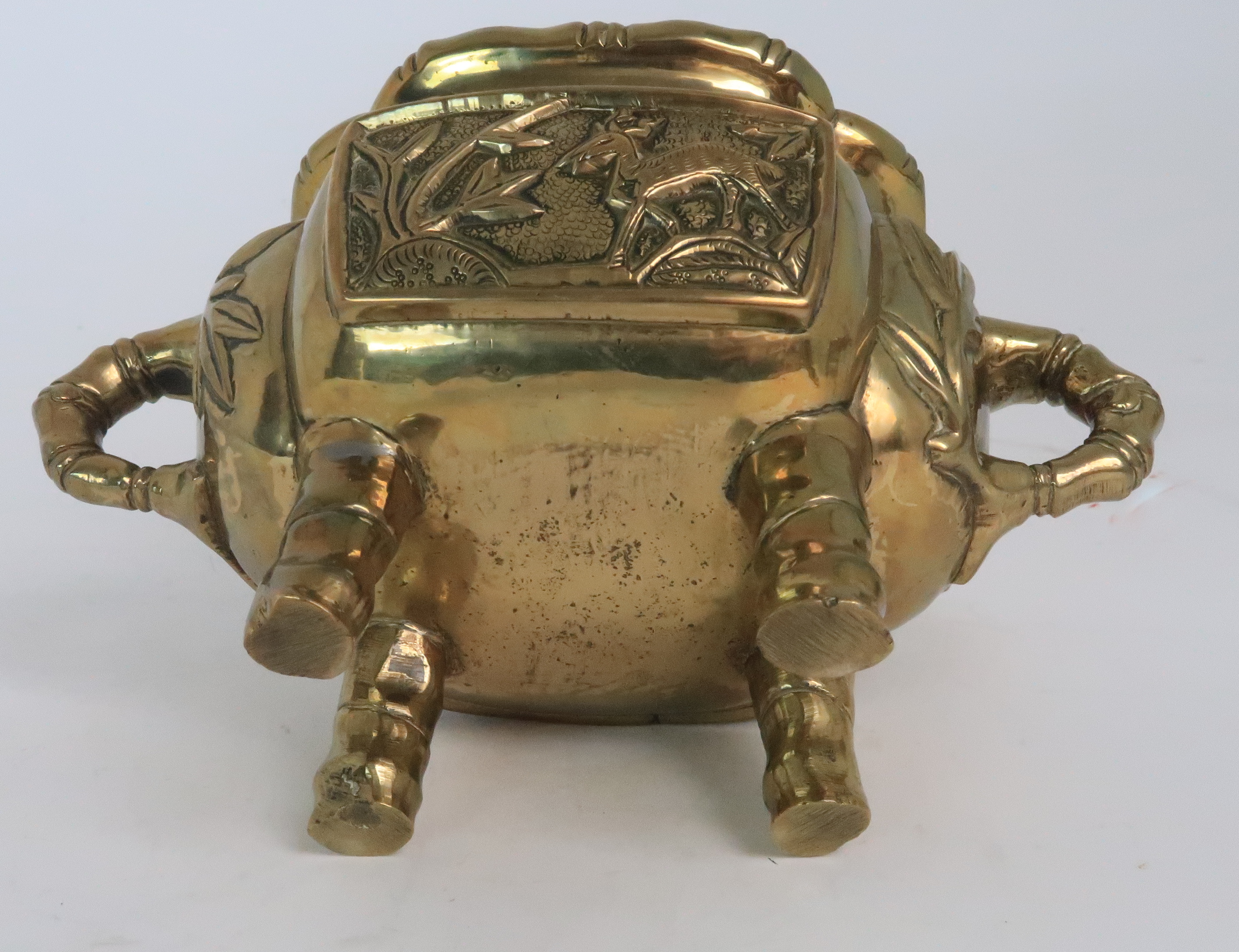 *WITHDRAWN* A CHINESE BRASS CENSOR AND OIERCED COVER cast with deer finial above panels of animals - Image 6 of 7