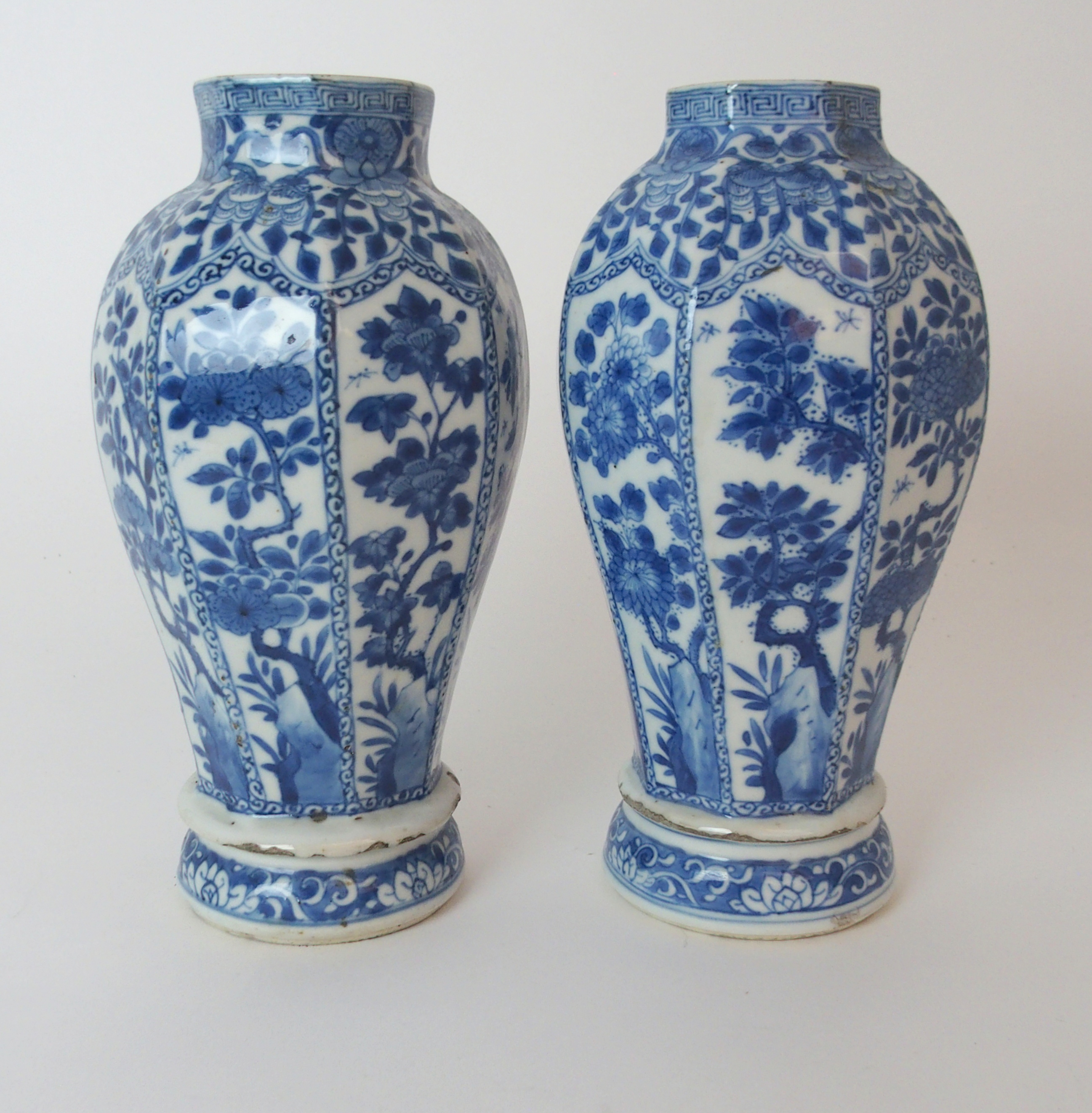 A PAIR OF CHINESE BLUE AND WHITE OCTAGONAL VASES each painted with panels of insects amongst foliage - Image 2 of 12