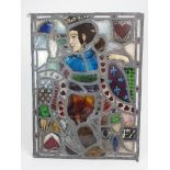 SADIE MCLELLAN - A LEADED AND STAINED GLASS PANEL depicting the playing card Queen of Hearts, 58.5cm