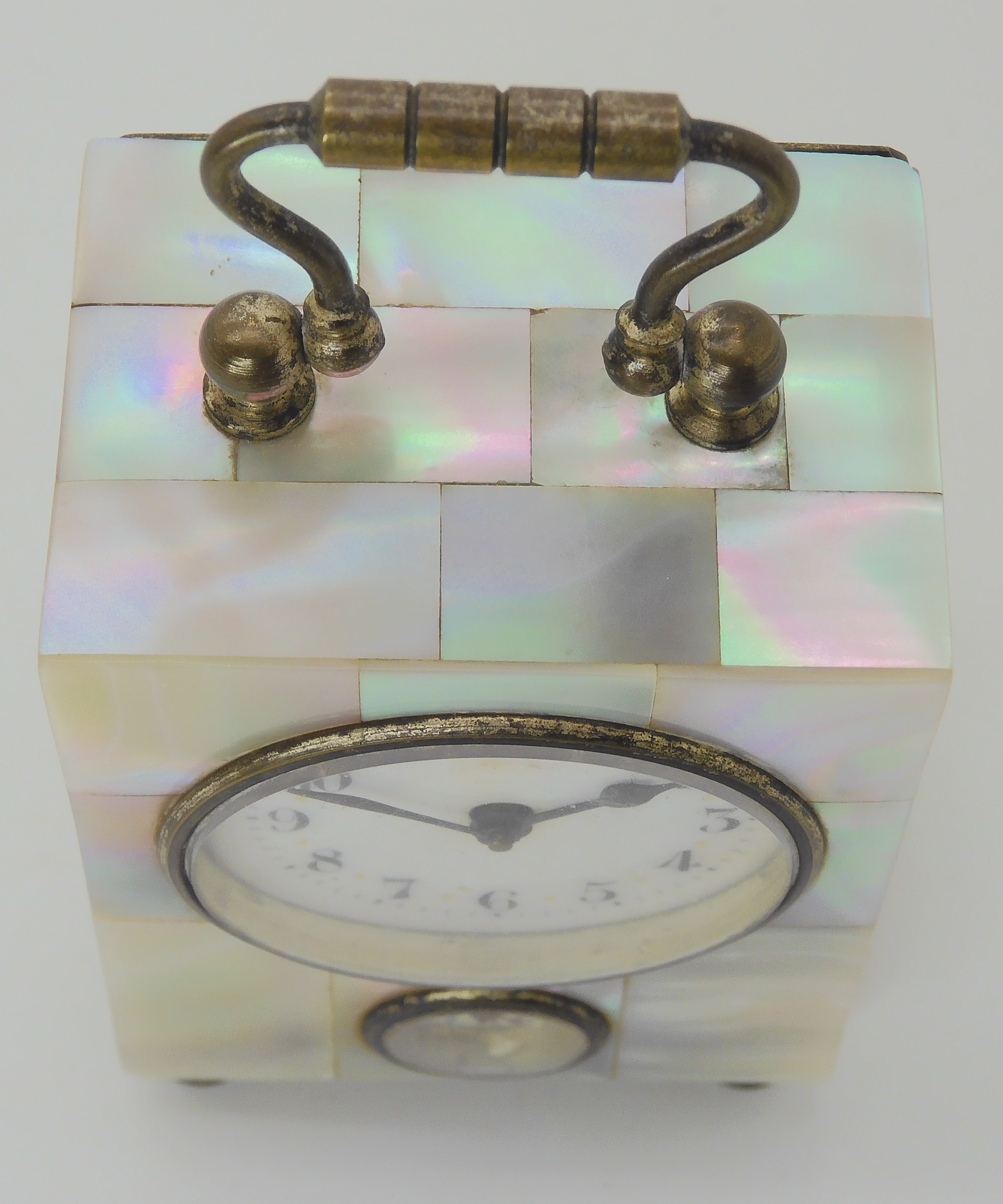 A MOTHER OF PEARL WECKER ALARM CARRIAGE CLOCK stamped D R P & G M, with a regular dial and an - Bild 3 aus 6