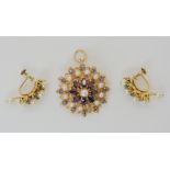 A 14K GOLD GARNET, SAPPHIRE AND PEARL PENDANT BROOCH diameter approx 3.4cm, with a pair of similar