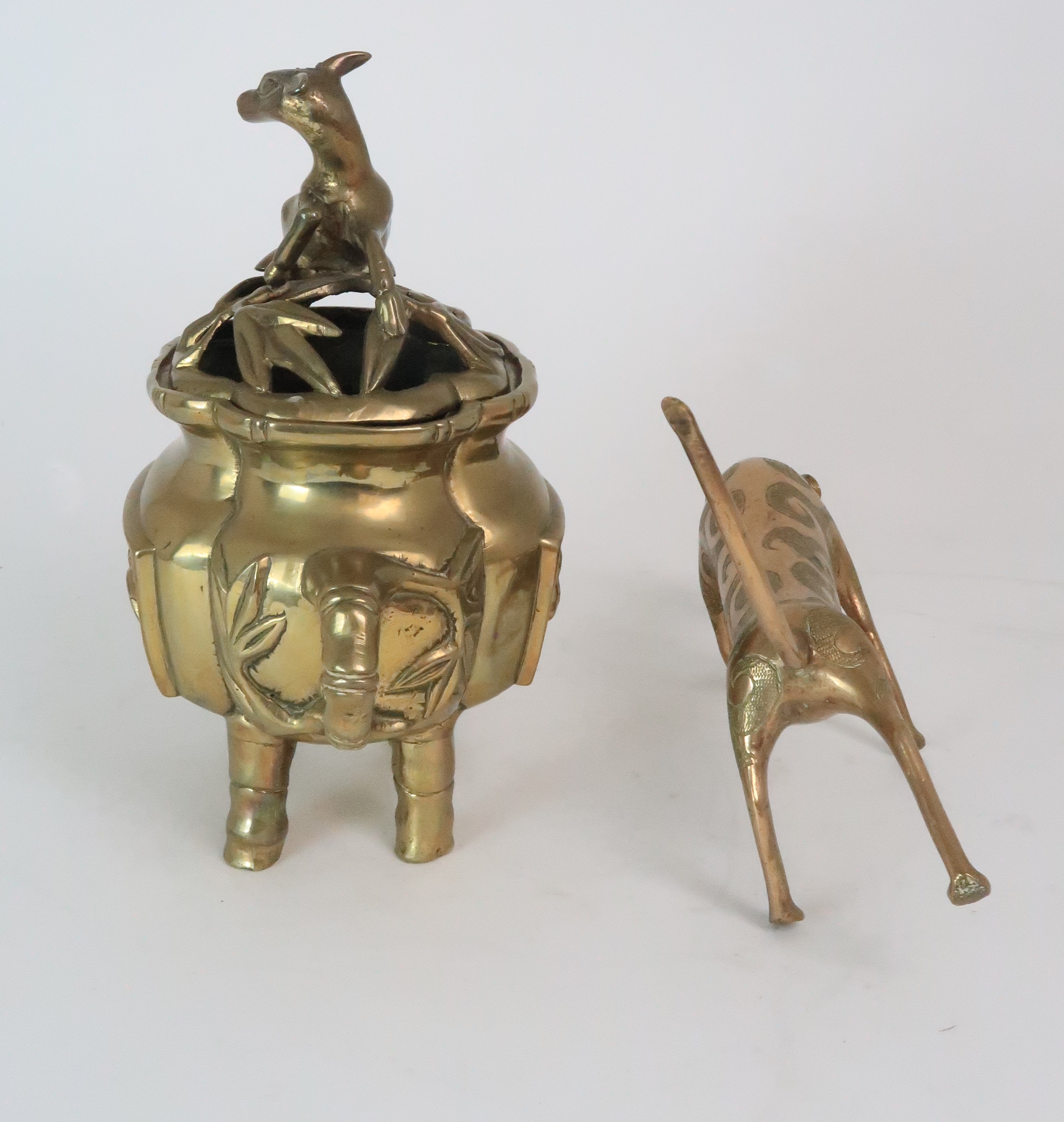 *WITHDRAWN* A CHINESE BRASS CENSOR AND OIERCED COVER cast with deer finial above panels of animals - Image 2 of 7