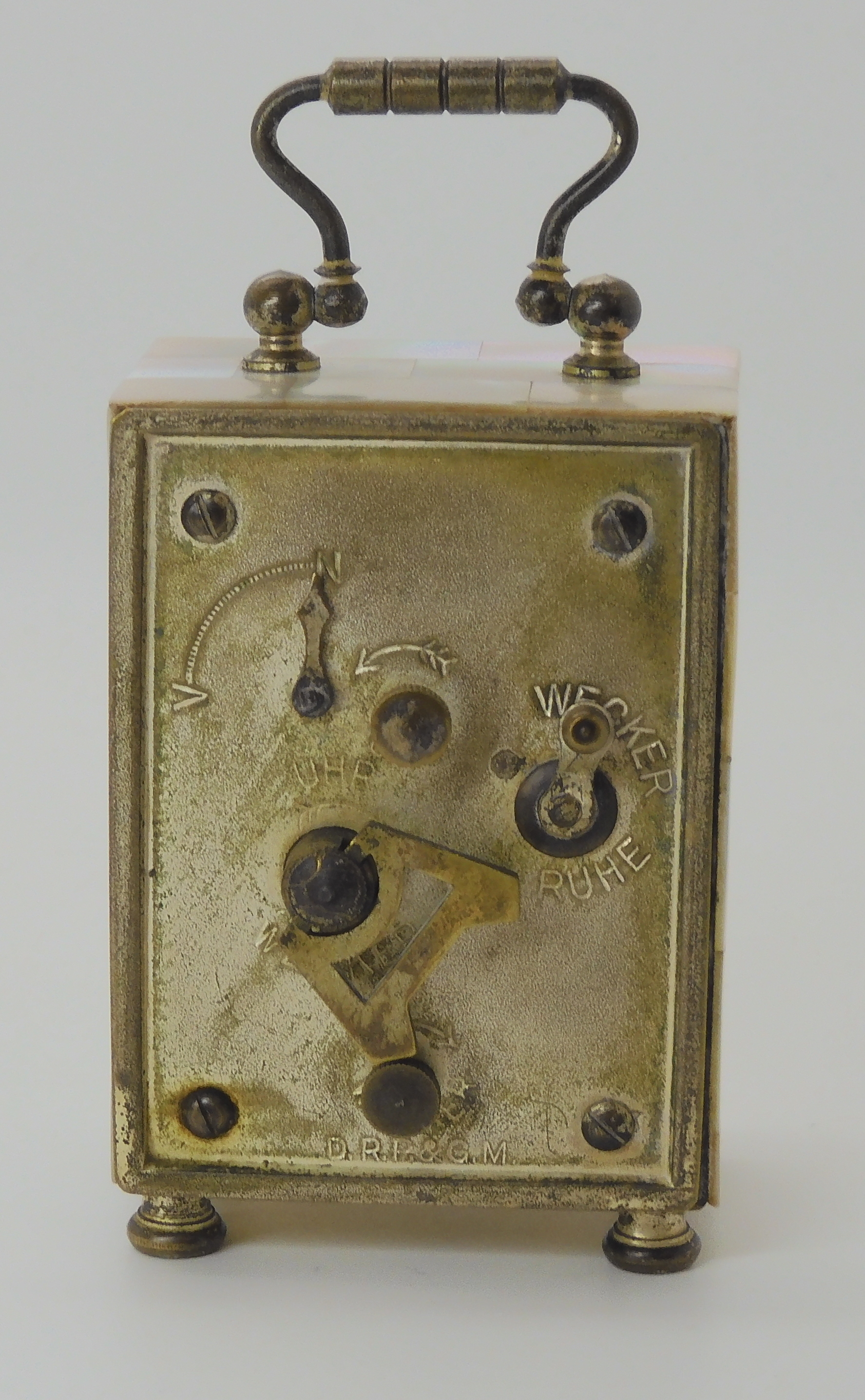 A MOTHER OF PEARL WECKER ALARM CARRIAGE CLOCK stamped D R P & G M, with a regular dial and an - Bild 6 aus 6