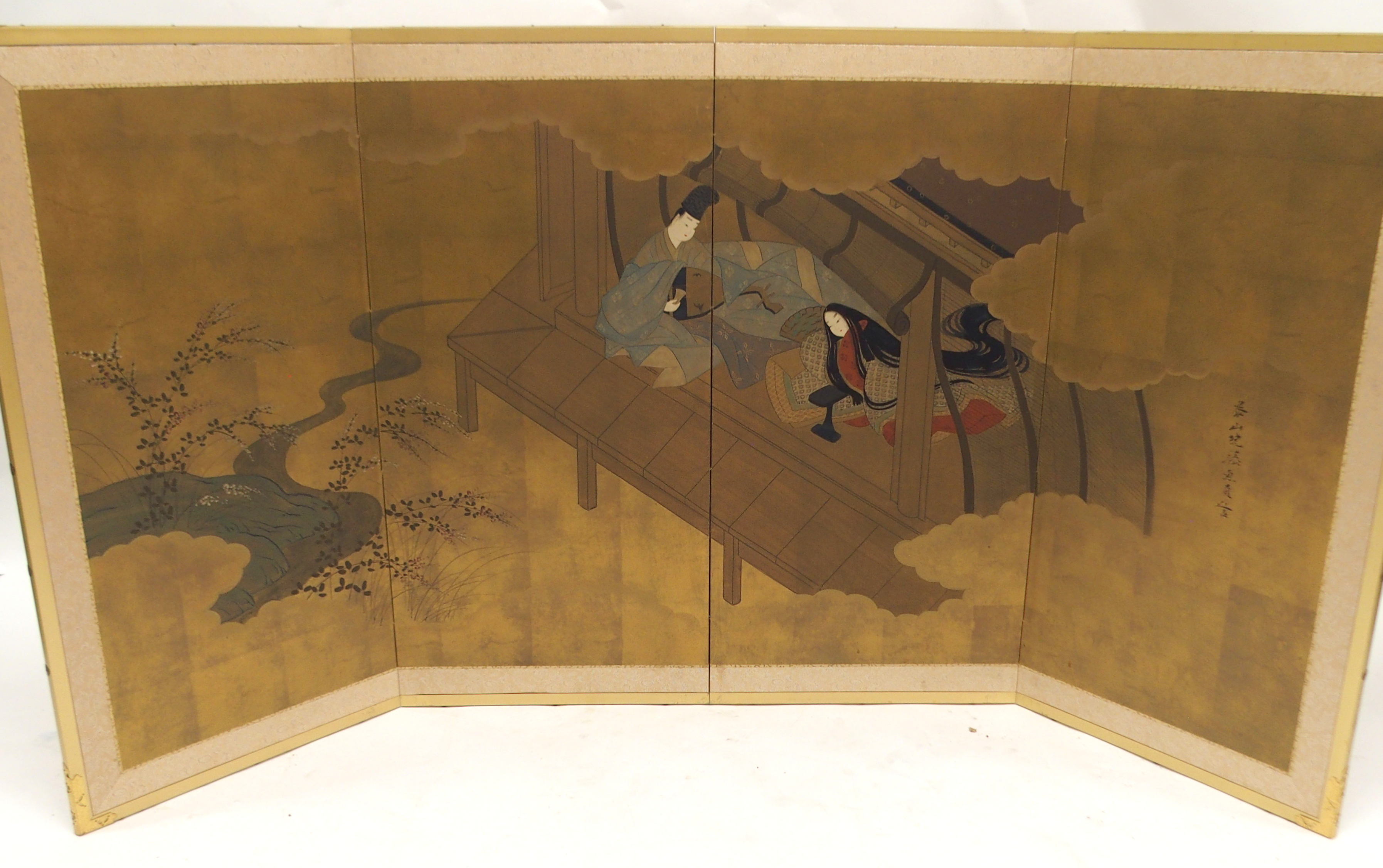 TWO JAPANESE FOUR FOLD SCREENS each with a mandarin and consorts on pavilions, reserves on a gold - Image 7 of 12