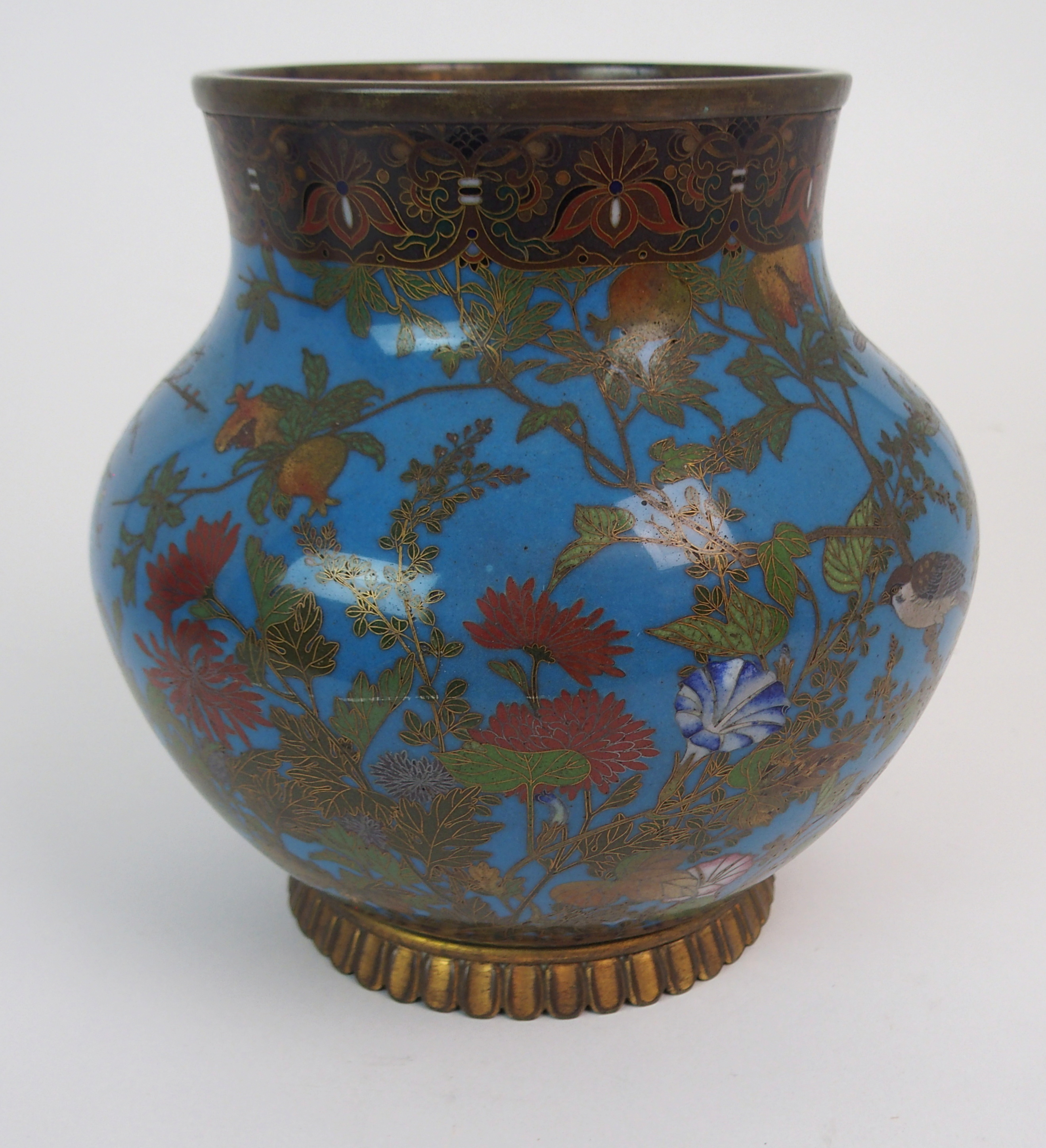 A PAIR OF CLOISONNE GLOBULAR VASES decorated with birds in flowering branches on a blue ground and - Image 8 of 11