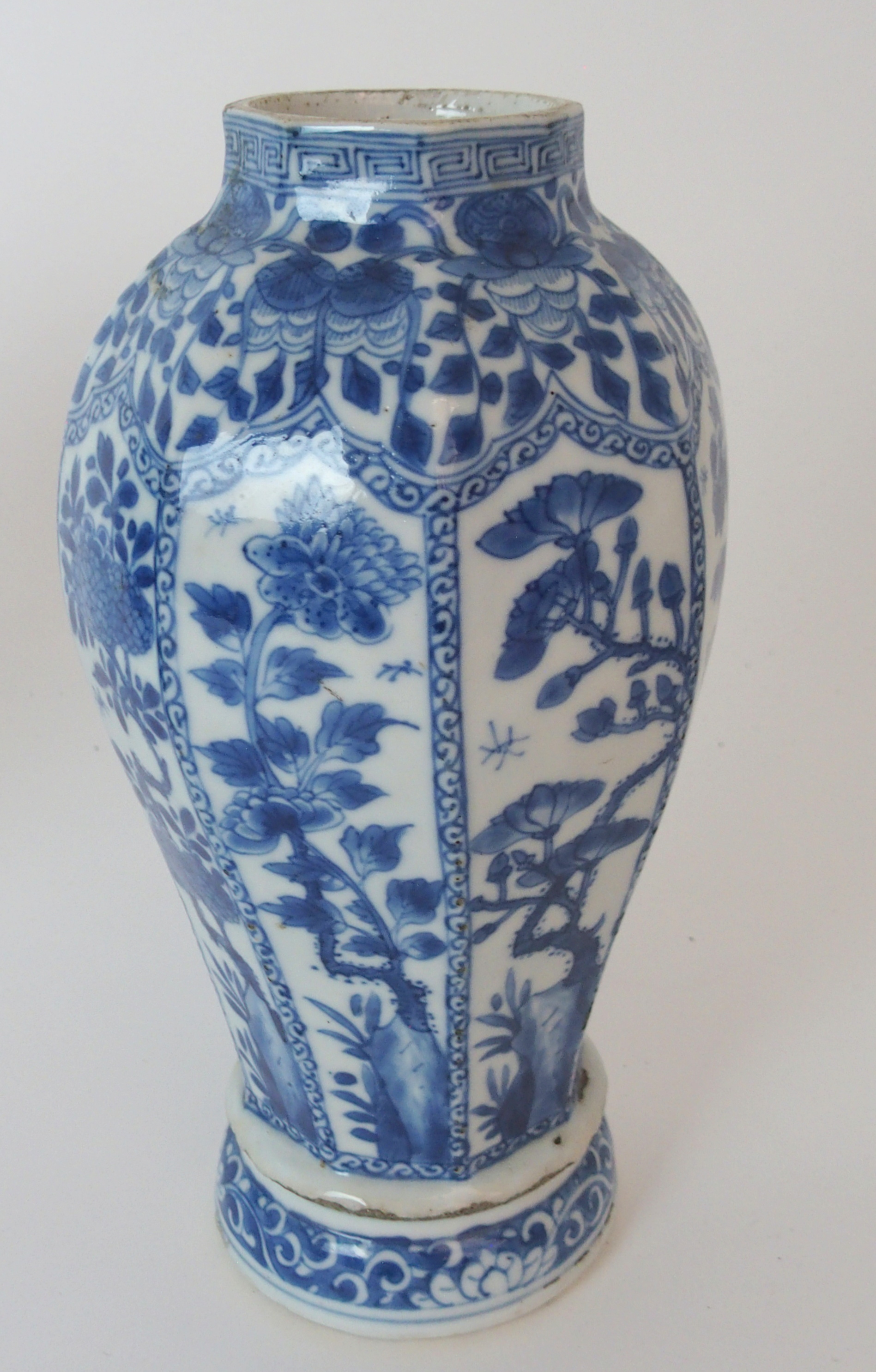 A PAIR OF CHINESE BLUE AND WHITE OCTAGONAL VASES each painted with panels of insects amongst foliage - Image 3 of 12