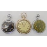 TWO MILITARY WALTHAM POCKET WATCHES AND A STOP WATCH the first with black dial subsidiary seconds