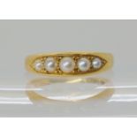 AN 18CT GOLD FIVE PEARL RING with nice crisp hallmarks for Birmingham 1892, made by W. Shammon &