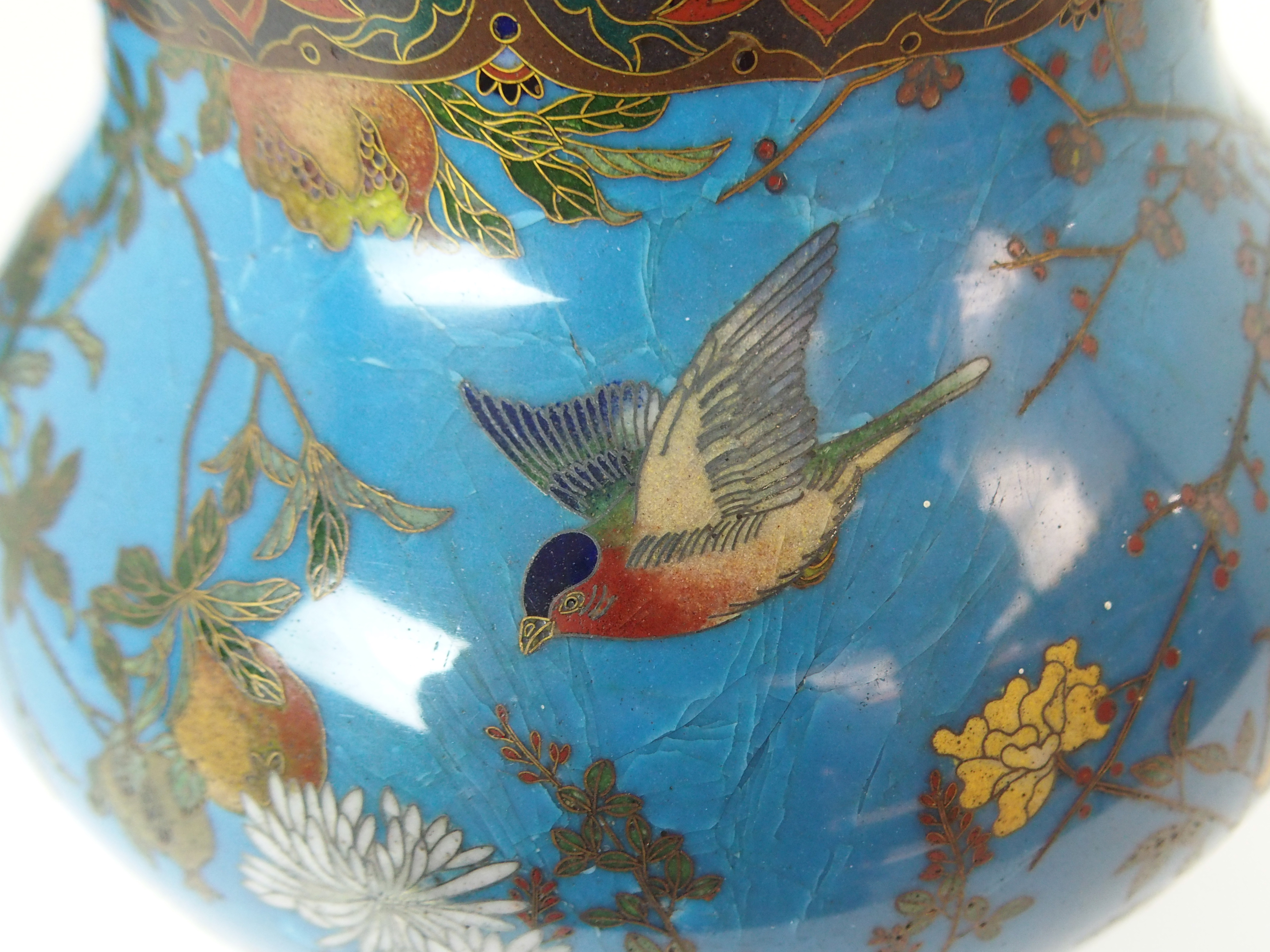 A PAIR OF CLOISONNE GLOBULAR VASES decorated with birds in flowering branches on a blue ground and - Image 4 of 11