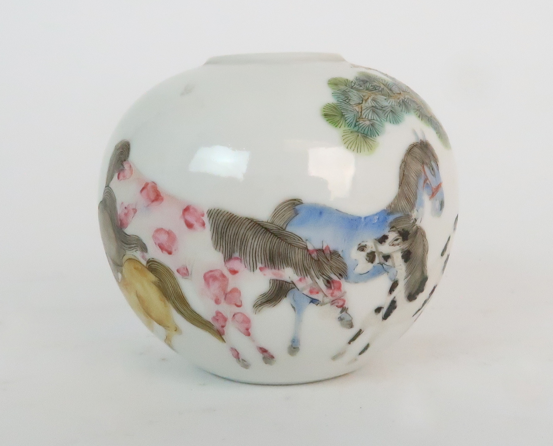 A CHINESE PORCELAIN GLOBULAR VASE painted with The Eight Horses of Mu Wang, beneath pine trees,