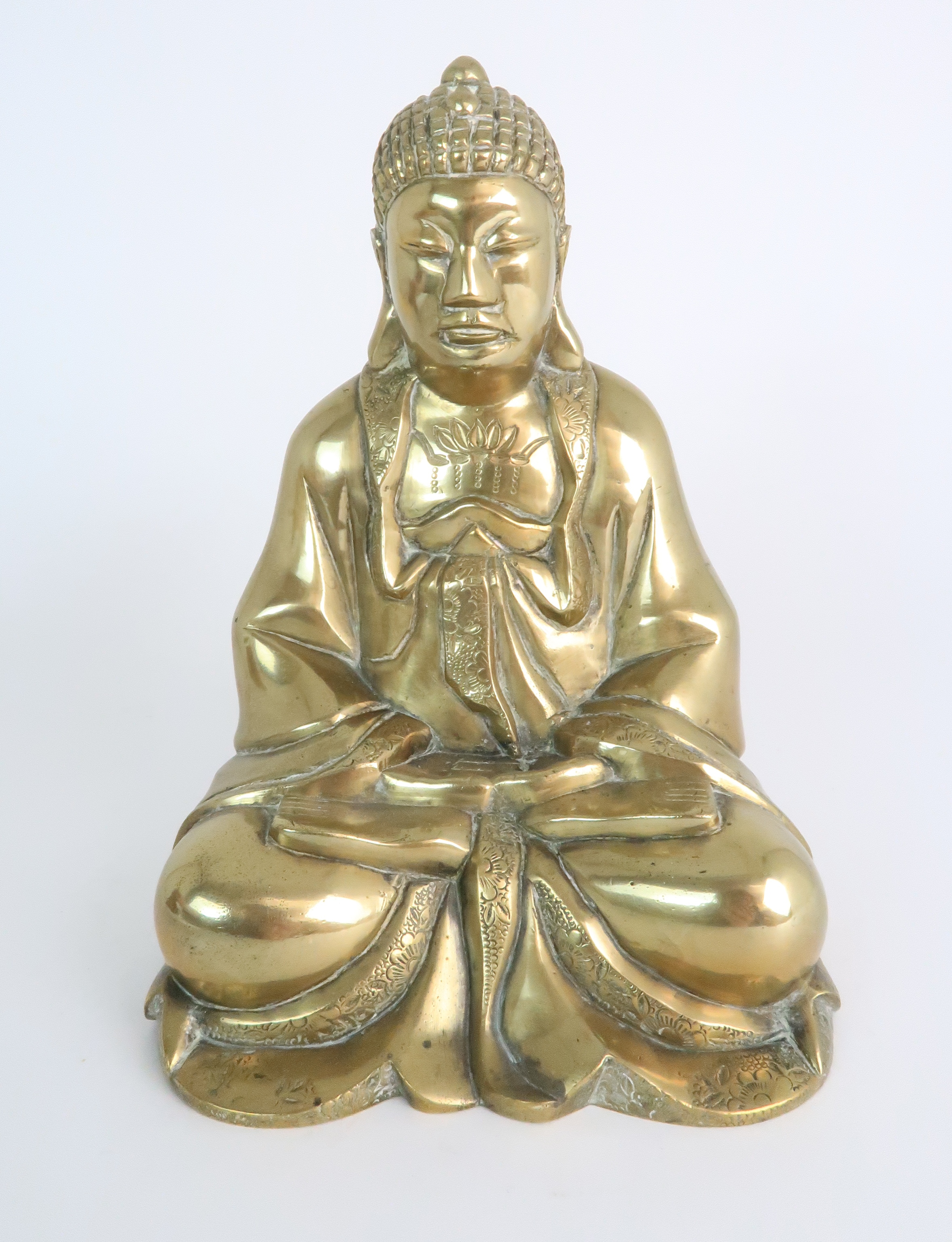 AN ASIAN BRASS MODEL OF BUDDHA seated in the lotus position and with carved wood base, 24.5cm - Image 6 of 10