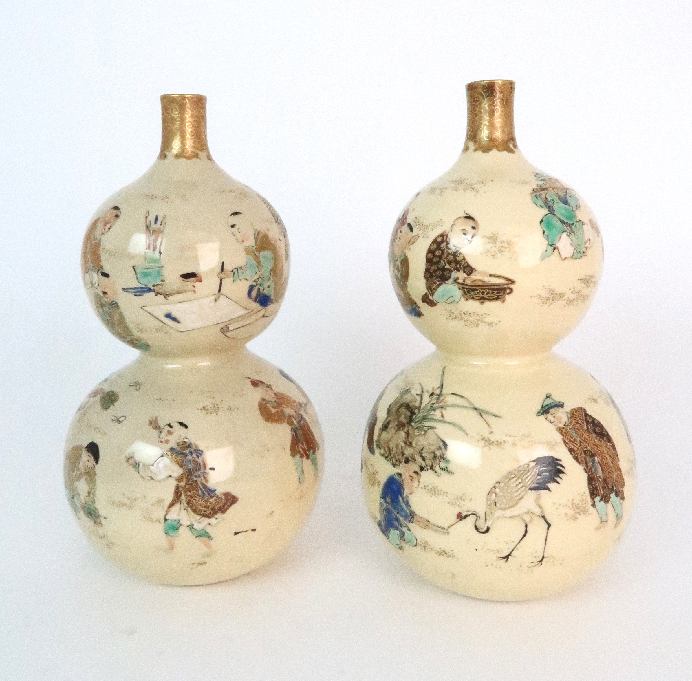 A PAIR OF SATSUMA DOUBLE GOURD VASES each painted with figures playing in gardens, with red and gilt - Image 3 of 12