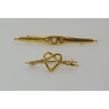 TWO VINTAGE BROOCHES an 18ct pearl and rose cut diamond bar brooch, length 5.9cm, weight 5.3gms,