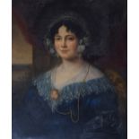 BRITISH SCHOOL (19TH CENTURY) PORTRAIT OF A LADY IN A BLUE DRESS AND LACE CAP Oil on canvas, 76 x