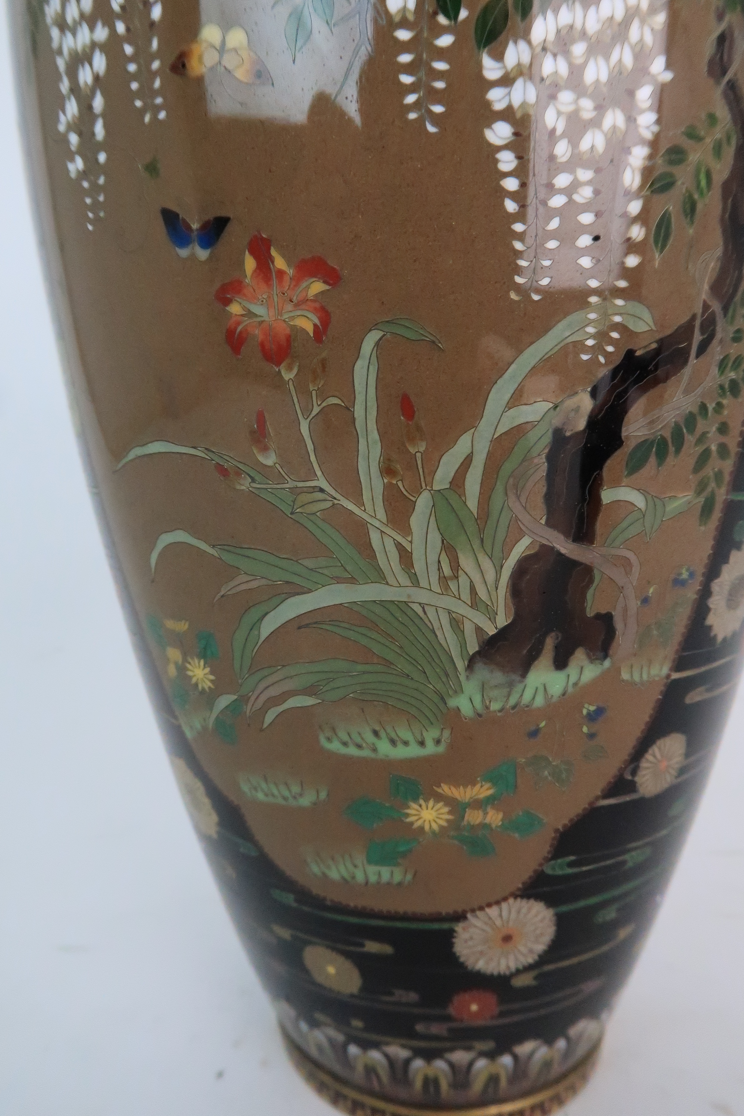 A JAPANESE CLOISONNE BALUSTER VASE finely decorated with panels of birds, butterflies, plants and - Image 11 of 15