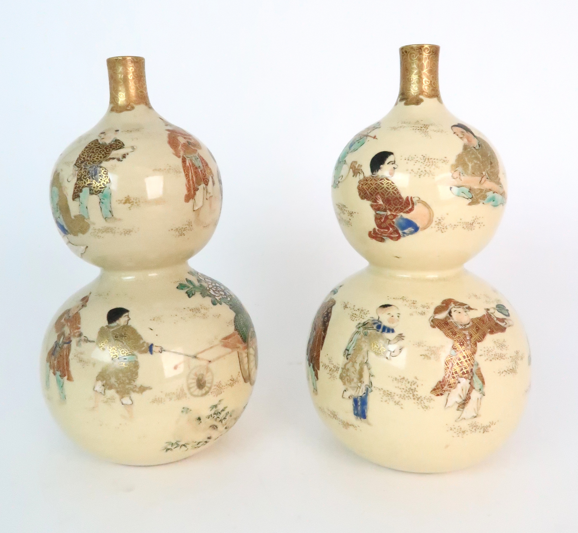A PAIR OF SATSUMA DOUBLE GOURD VASES each painted with figures playing in gardens, with red and gilt - Image 4 of 12
