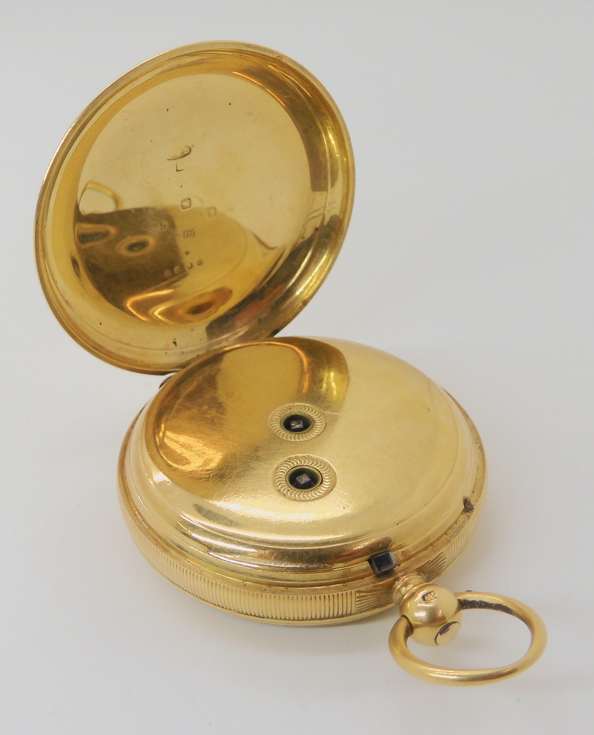 AN 18CT GOLD J.W.BENSON OPEN FACE POCKET WATCH classic white enamelled dial with black Roman - Bild 3 aus 5