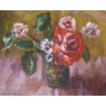 •MARY NICOL NEILL ARMOUR RSA, RSW. RGI, LLD (SCOTTISH 1902-2000) RED ROSE AND PINKS Oil on canvas