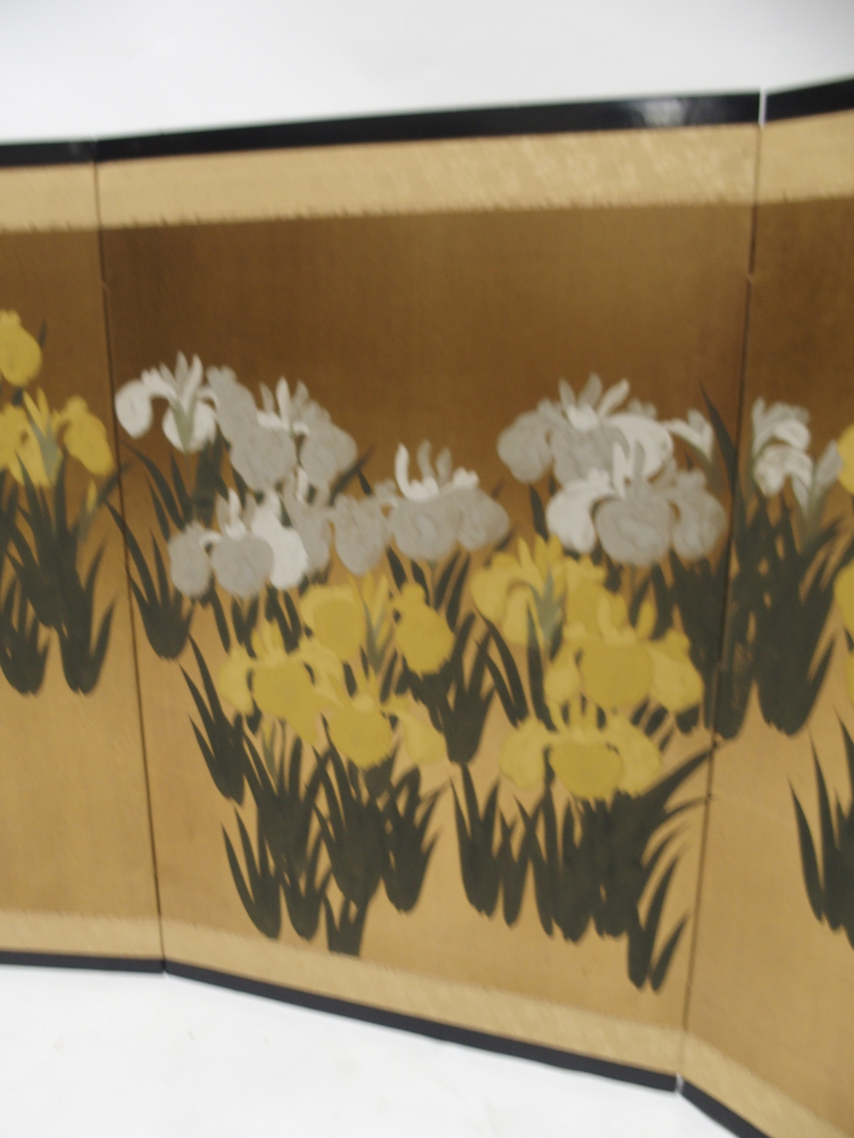 TWO JAPANESE FOUR FOLD SCREENS each with a mandarin and consorts on pavilions, reserves on a gold - Image 6 of 12