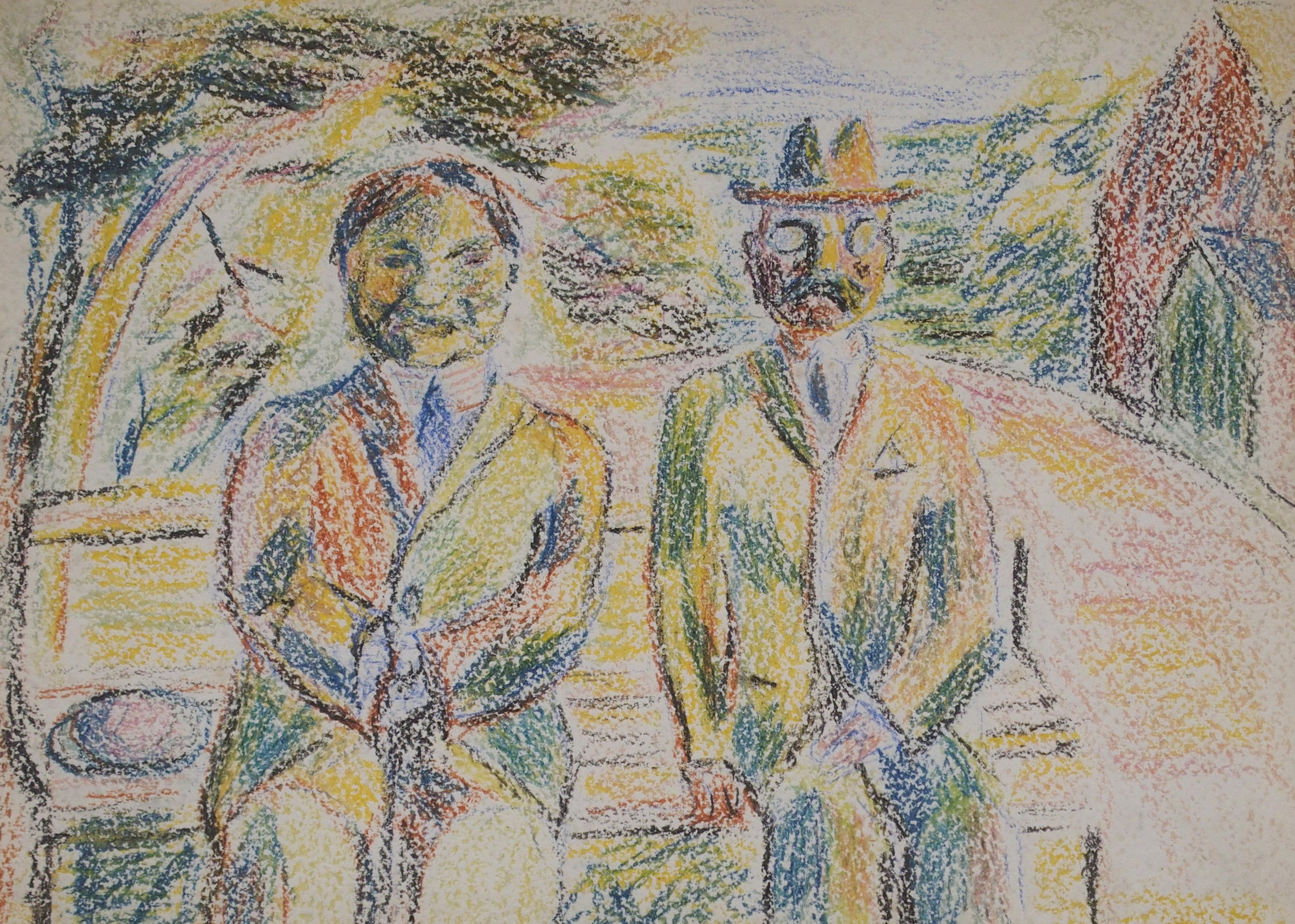 •DONALD BAIN (SCOTTISH 1904-1979) TWO MEN IN SUITS SITTING ON A BENCH Coloured wax crayon, 28 x 38cm