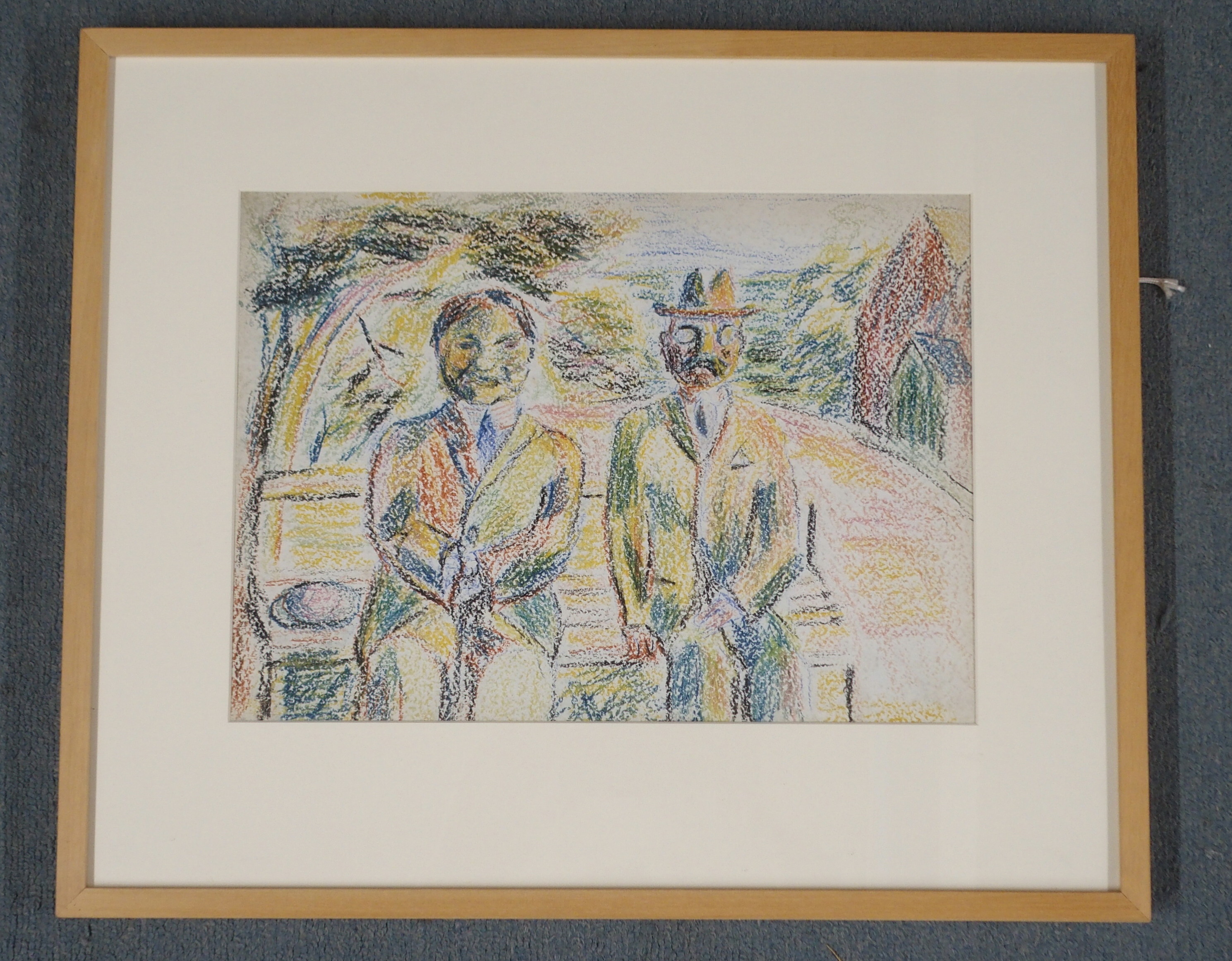 •DONALD BAIN (SCOTTISH 1904-1979) TWO MEN IN SUITS SITTING ON A BENCH Coloured wax crayon, 28 x 38cm - Image 2 of 3