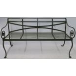 A PAINTED WROUGHT IRON GARDEN BENCH, 20th century, 84cm high,153cm wide and 56cm deep Condition