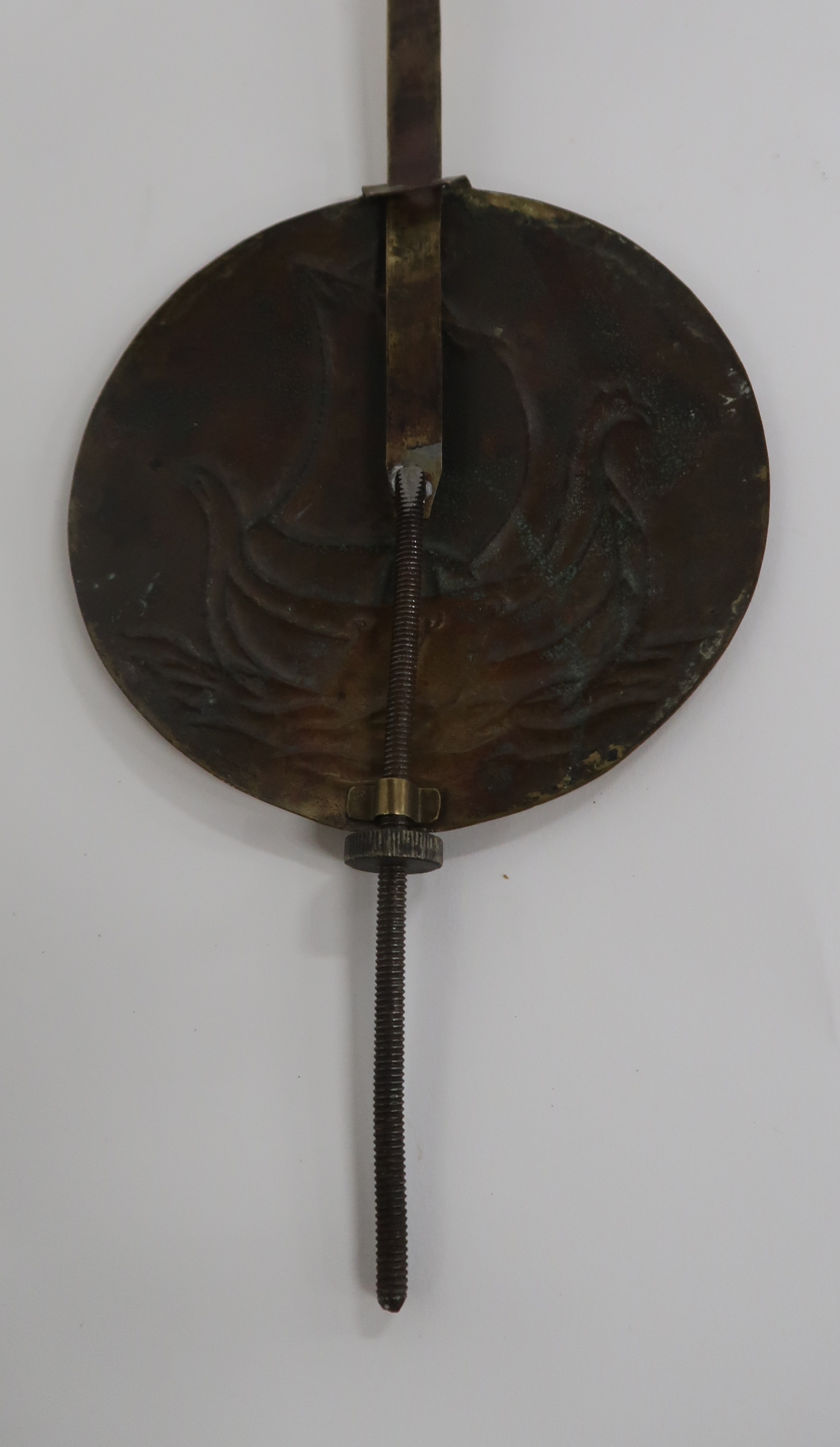 A BRASS ARTS AND CRAFTS WAG AT THE WA CLOCK with Celtic knotwork design, pendulum and weights - Image 8 of 8