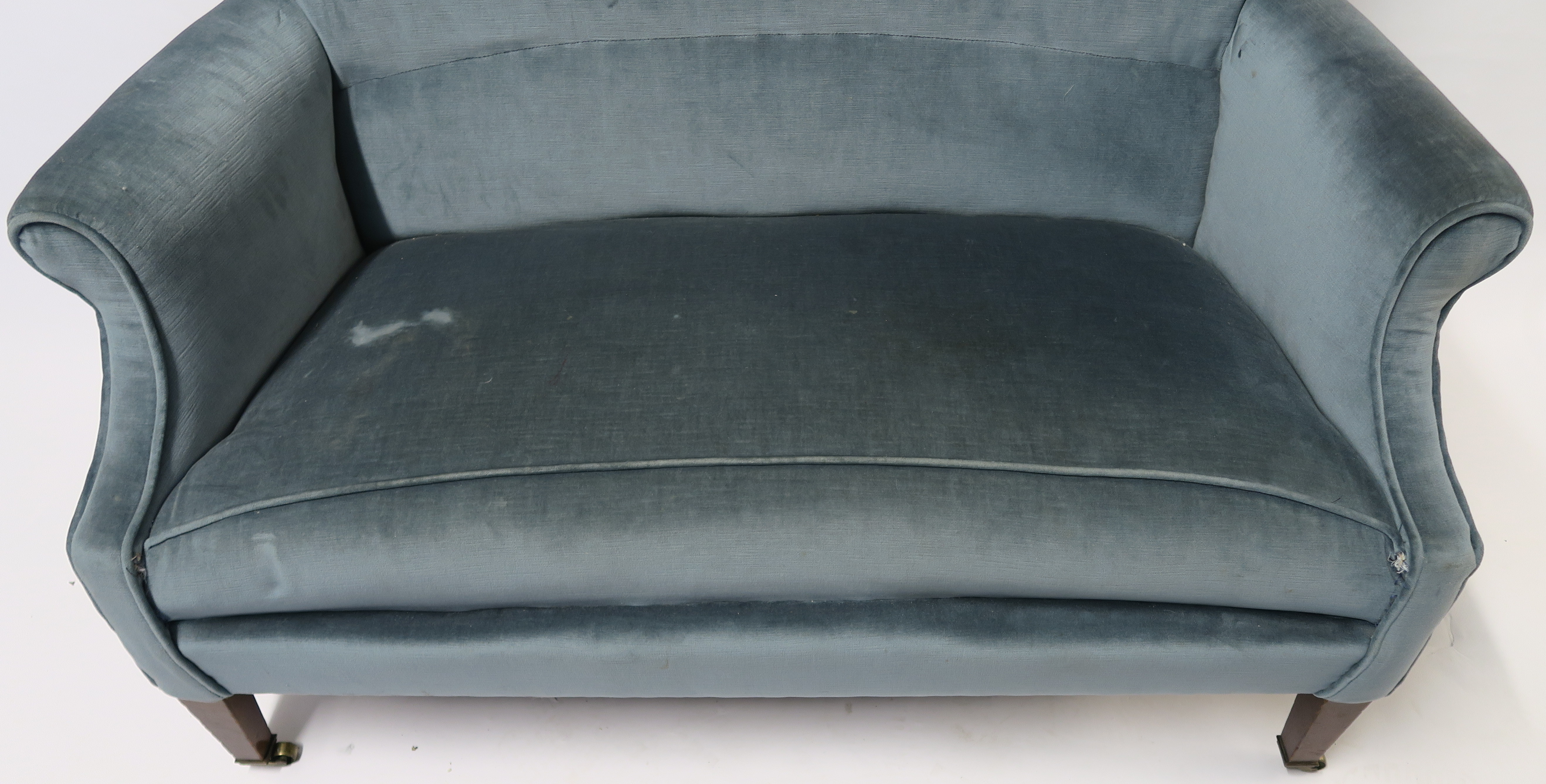 AN EDWARDIAN TWO SEATER SOFA, upholstered in a blue fabric, 102cm high,126cm wide and 80cm deep - Image 2 of 5