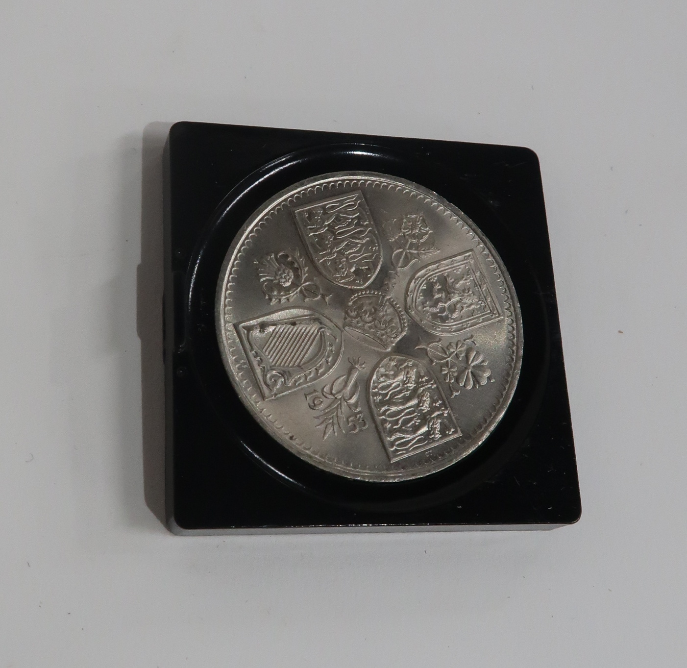 A SILVER BACK BRUSH and two commemorative coins. *Please note the medal has now been removed - Image 6 of 6