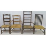FOUR ARTS AND CRAFTS CHAIRS WITH RUSH SEATS, 100cm, 86cm, 86cm and 81cm high (4) Condition Report: